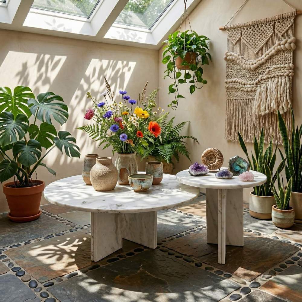 Semi-polished Snow Mountain White marble center tables styled in a bohemian sunroom with indoor plants and natural stone flooring.
