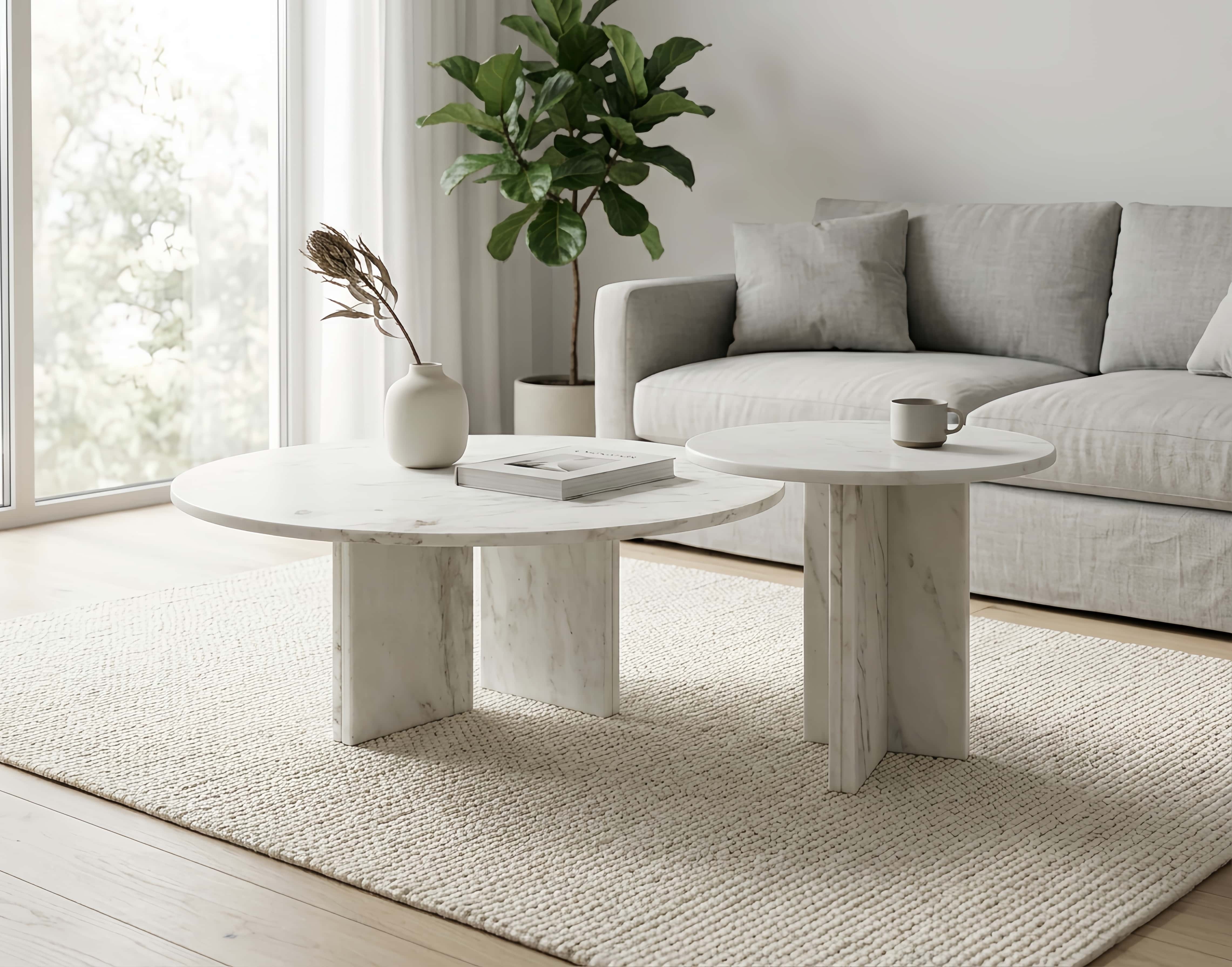 Real marble nesting coffee table set enhancing a bright, contemporary home living space, demonstrating easy integration with neutral furniture.