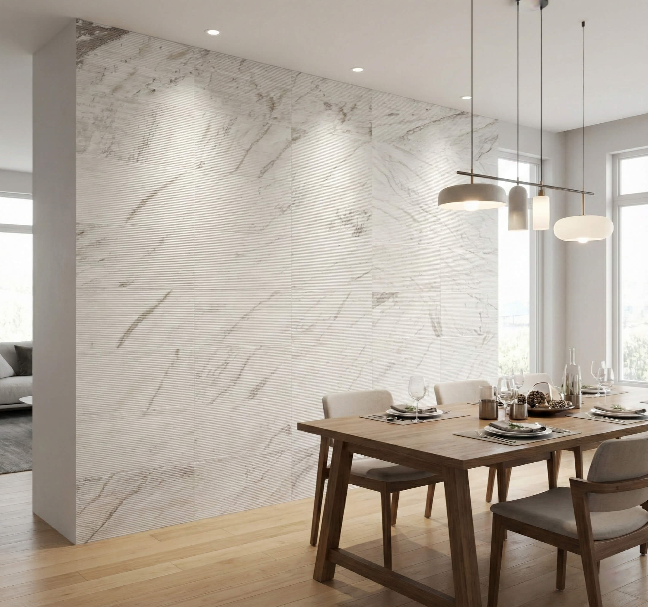 Elegant dining room setting showcasing a feature wall covered in 100% natural Snow Mountain White textured marble tiles.