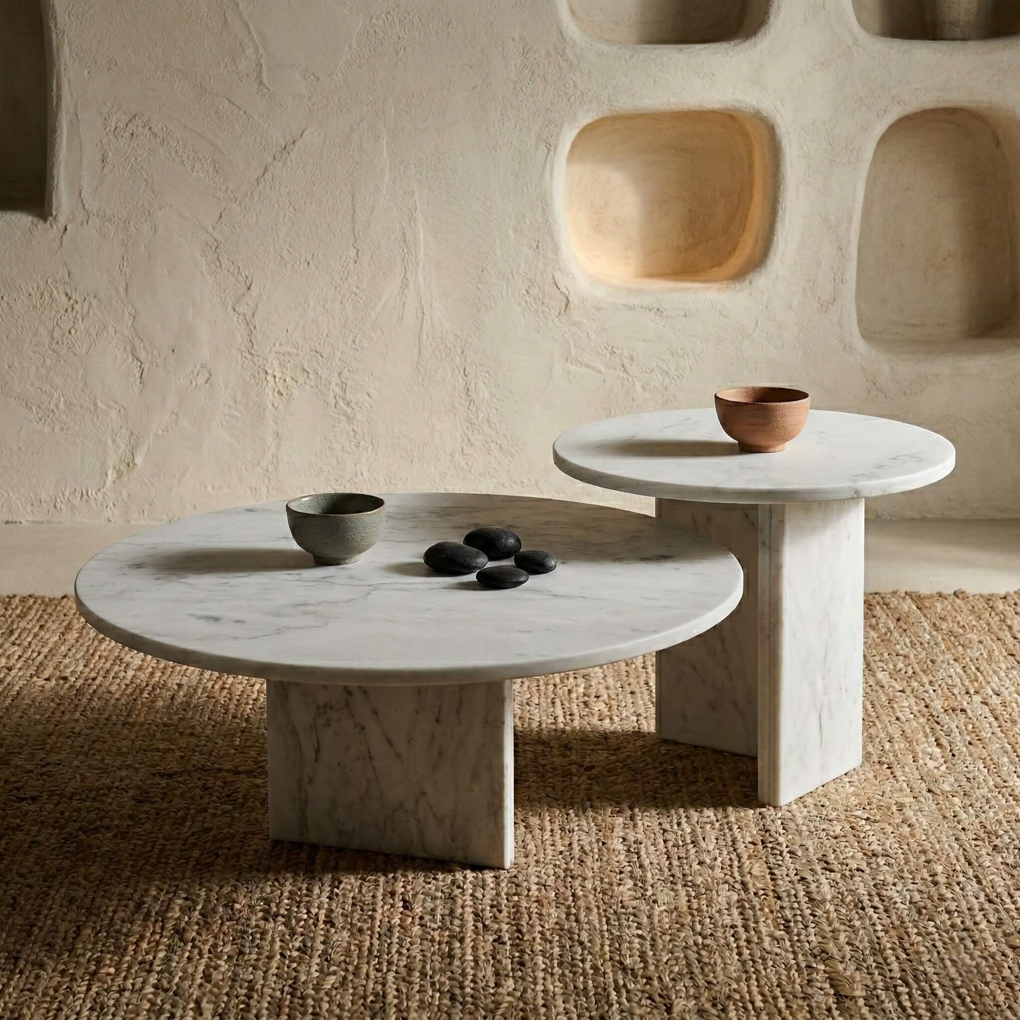 Solid marble coffee table duo showcasing natural textures and sturdy geometric bases, set against an earthy, neutral textured wall.