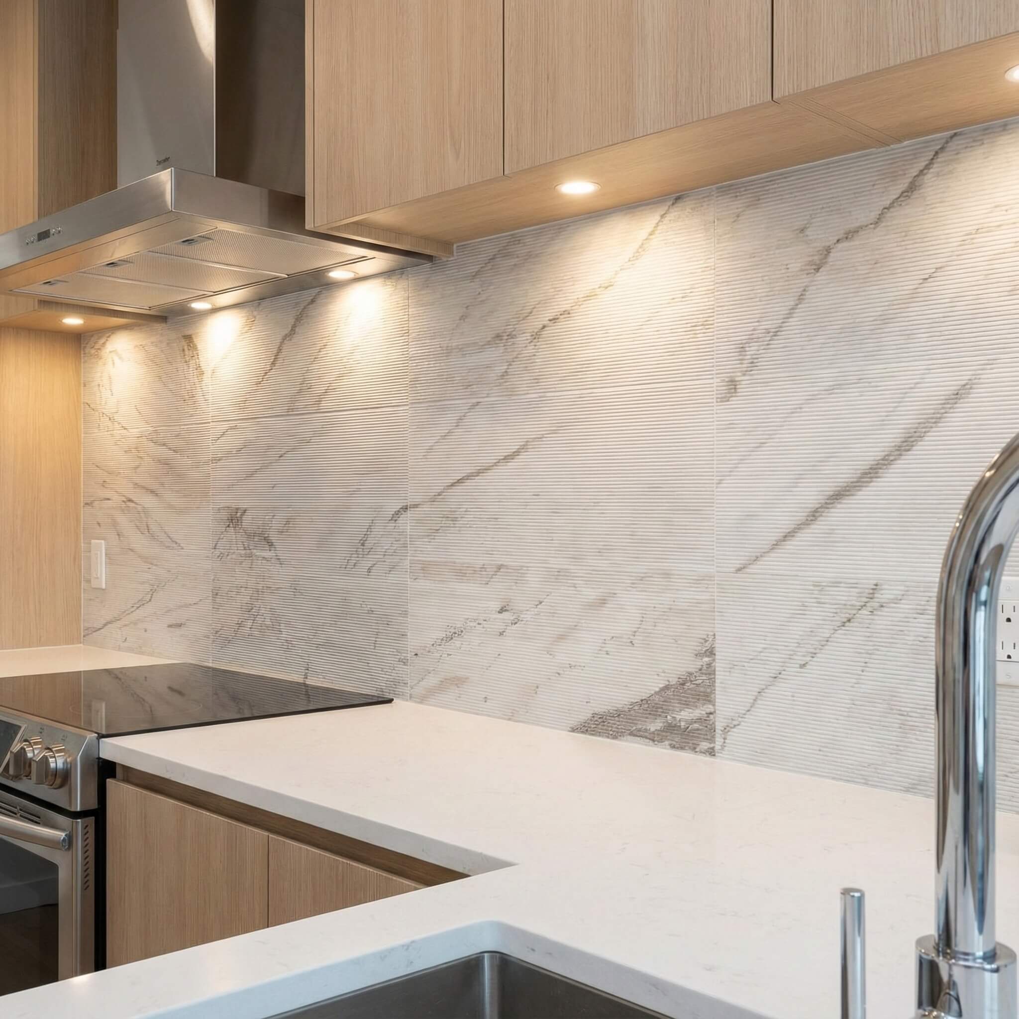 Under-cabinet lighting beautifully highlighting the unique 3D ribbed texture of Snow Mountain White marble tiles used as a modern kitchen backsplash.