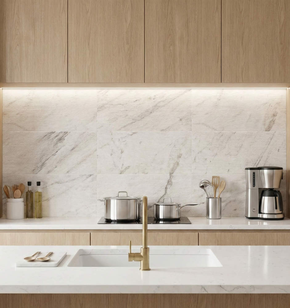 Elegant kitchen backsplash using 12x24 Snow Mountain White textured marble wall tiles in a straight stack pattern, seamlessly blending with natural wood cabinets.