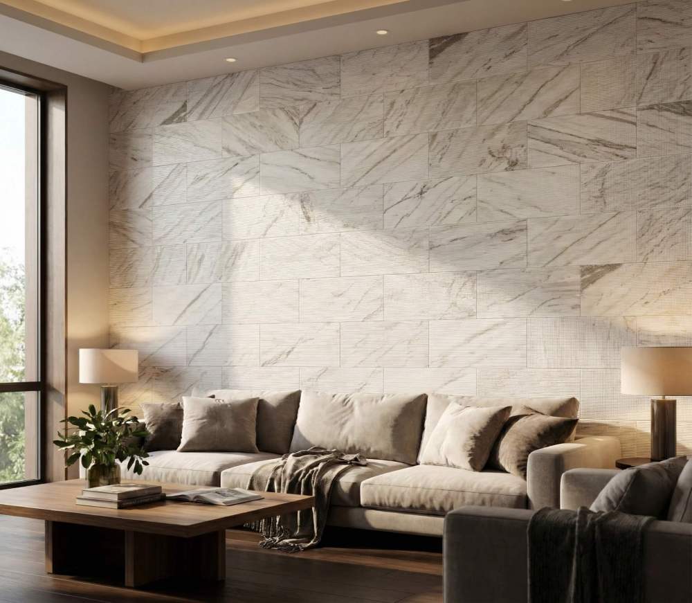 Sunlit living room featuring a stunning textured accent wall created with 12x24 Snow Mountain White fluted natural marble tiles.