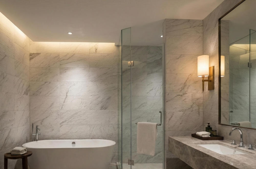 Warm-lit luxury bathroom design utilizing 12x24 Snow Mountain White natural stone wall cladding, showcasing the elegant tactile linear texture behind a modern vanity.