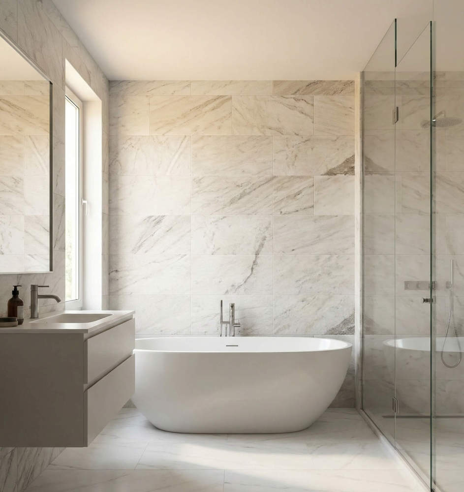 Bright, modern bathroom featuring Snow Mountain White linear grooved marble tiles on the shower walls, creating a luxury spa-like interior.