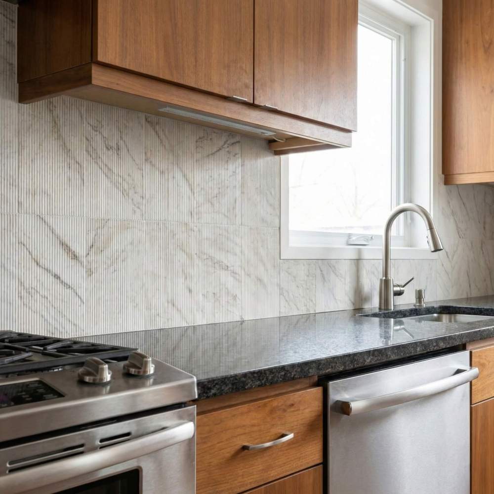 Seamless and easy-to-install Snow Mountain White fluted marble tiles adding natural elegance and organic textures to a residential kitchen.