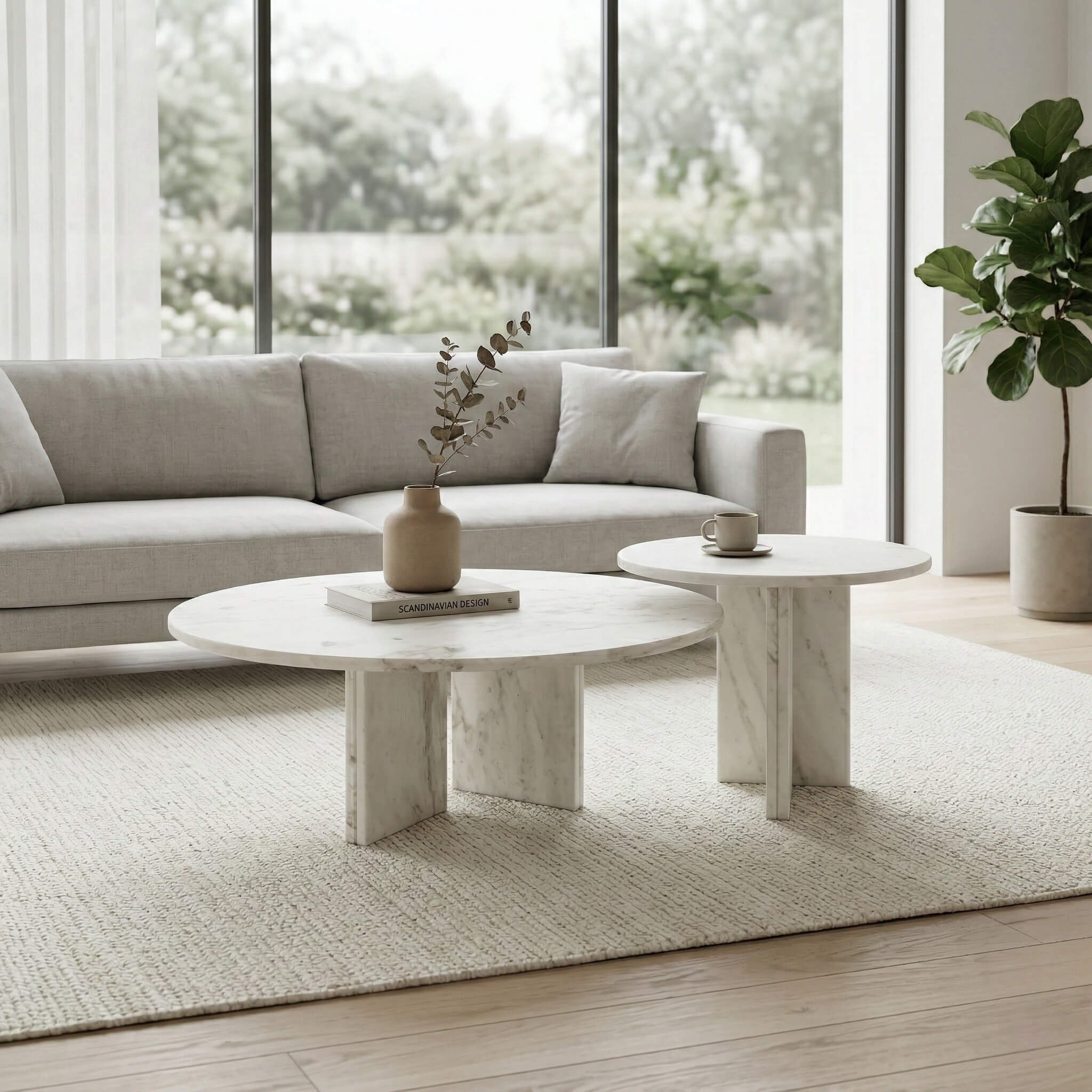 Snow Mountain White natural marble nesting coffee tables set in a modern minimalist living room with a light grey sofa and natural light.