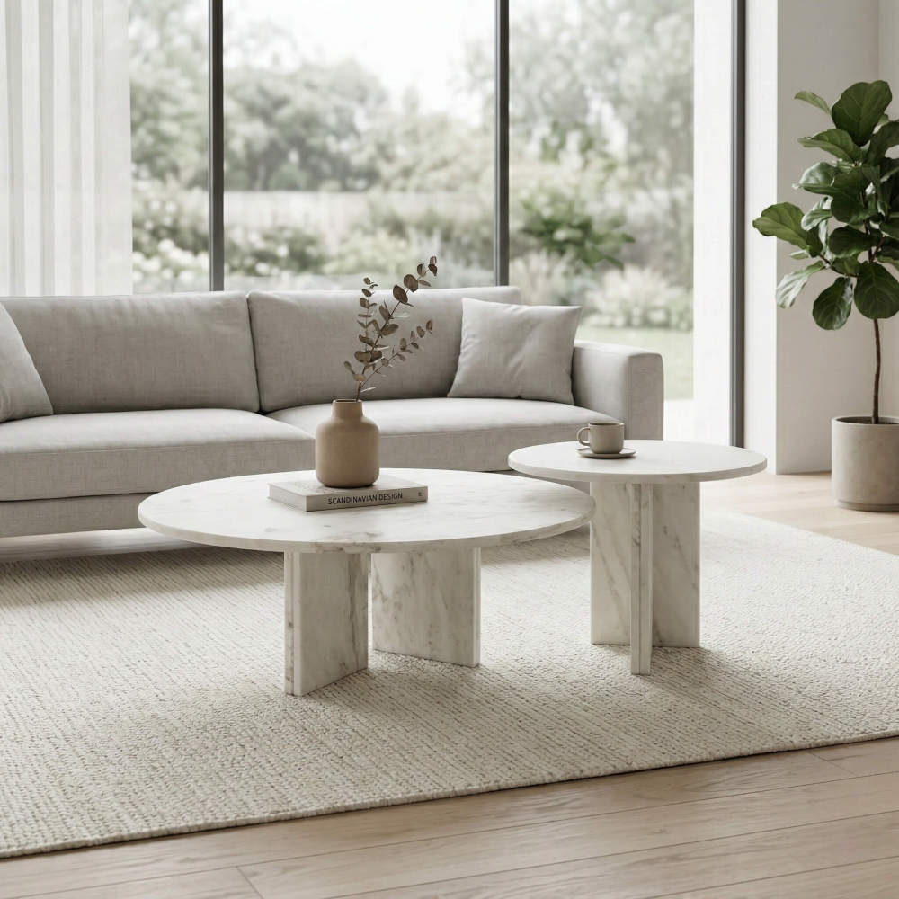 Snow Mountain White natural marble nesting coffee tables set in a modern minimalist living room with a light grey sofa and natural light.