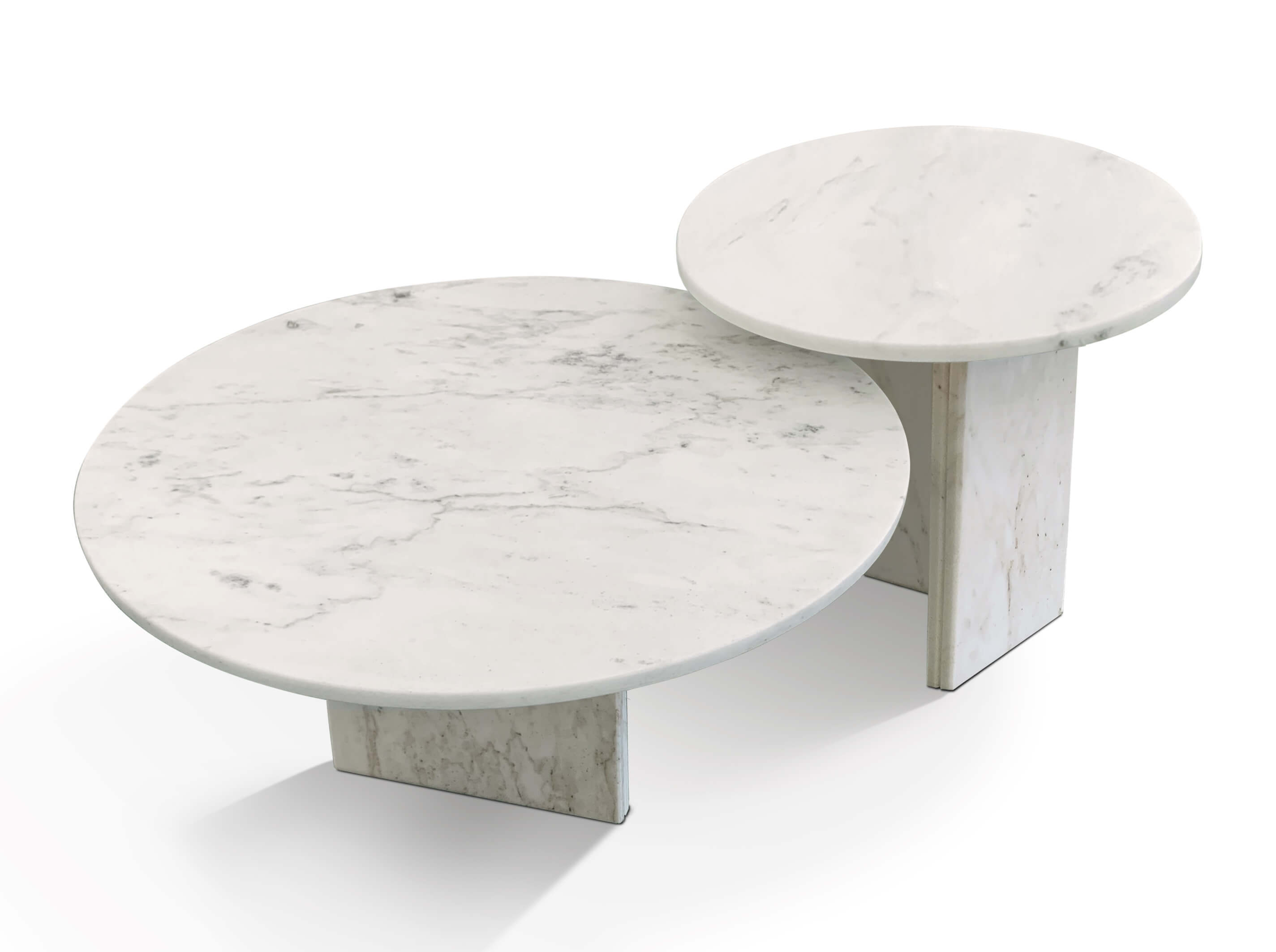 Top angle view of the modern 2-piece round white marble coffee table set showing unique natural veining.