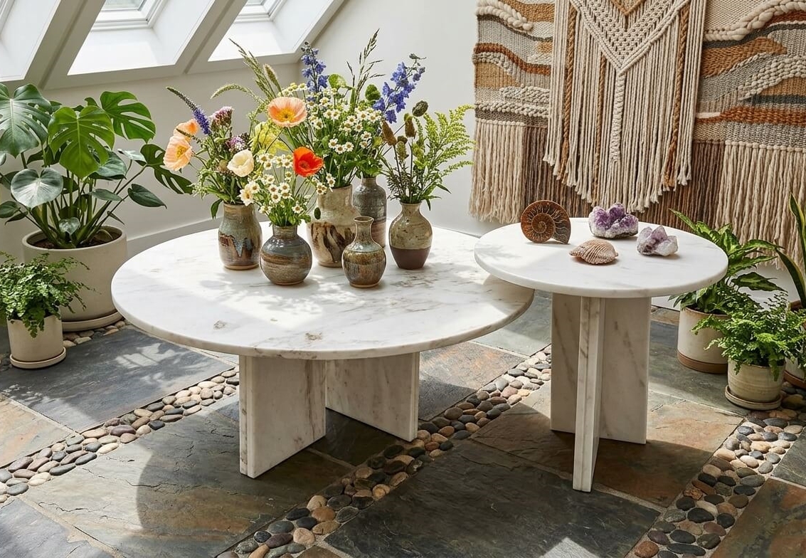 The unique natural veining of the Snow Mountain White marble coffee tables highlighted by sunlight in an indoor garden setting.