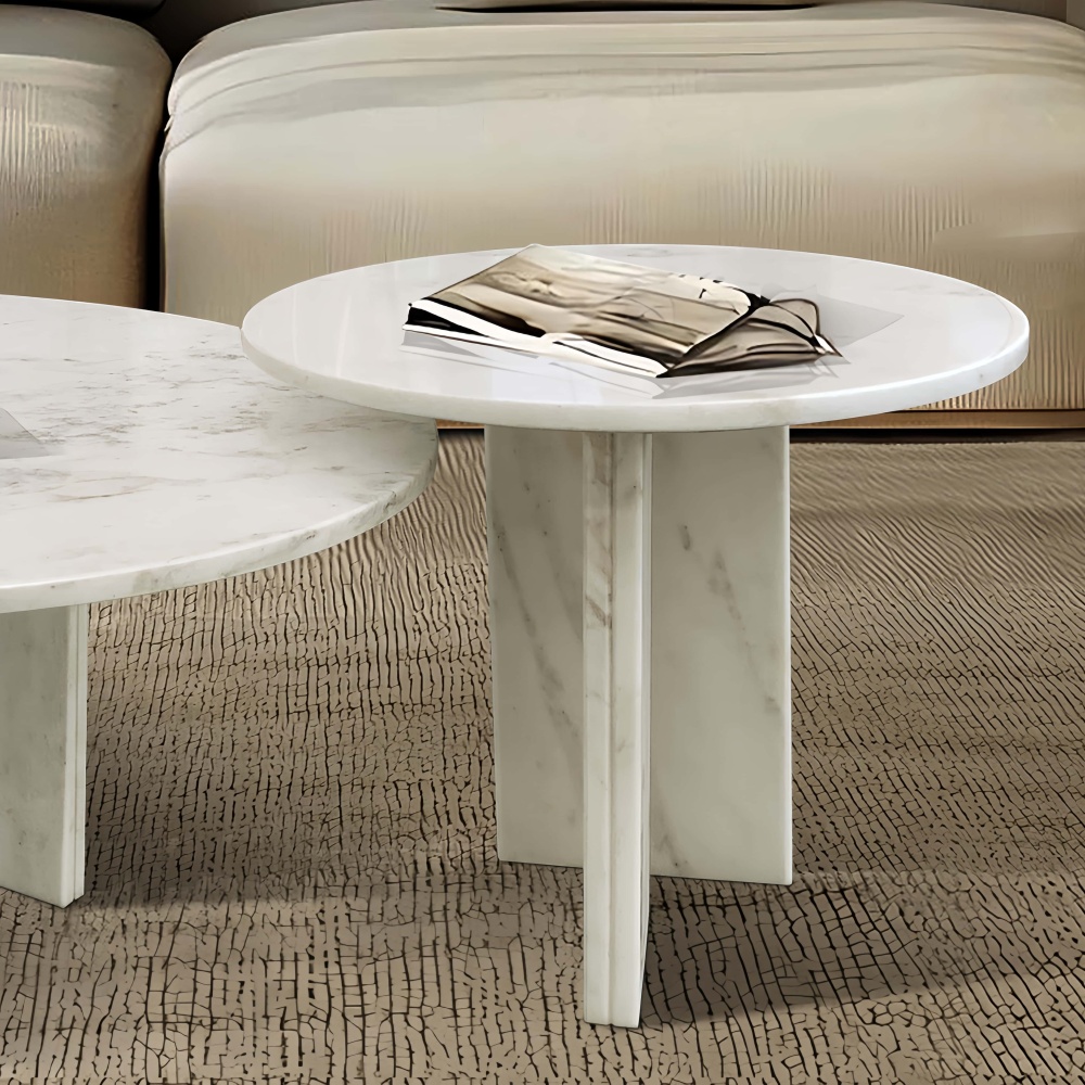 Detail shot of the sturdy geometric marble base and the seamless nesting design of the 2-piece coffee table set.