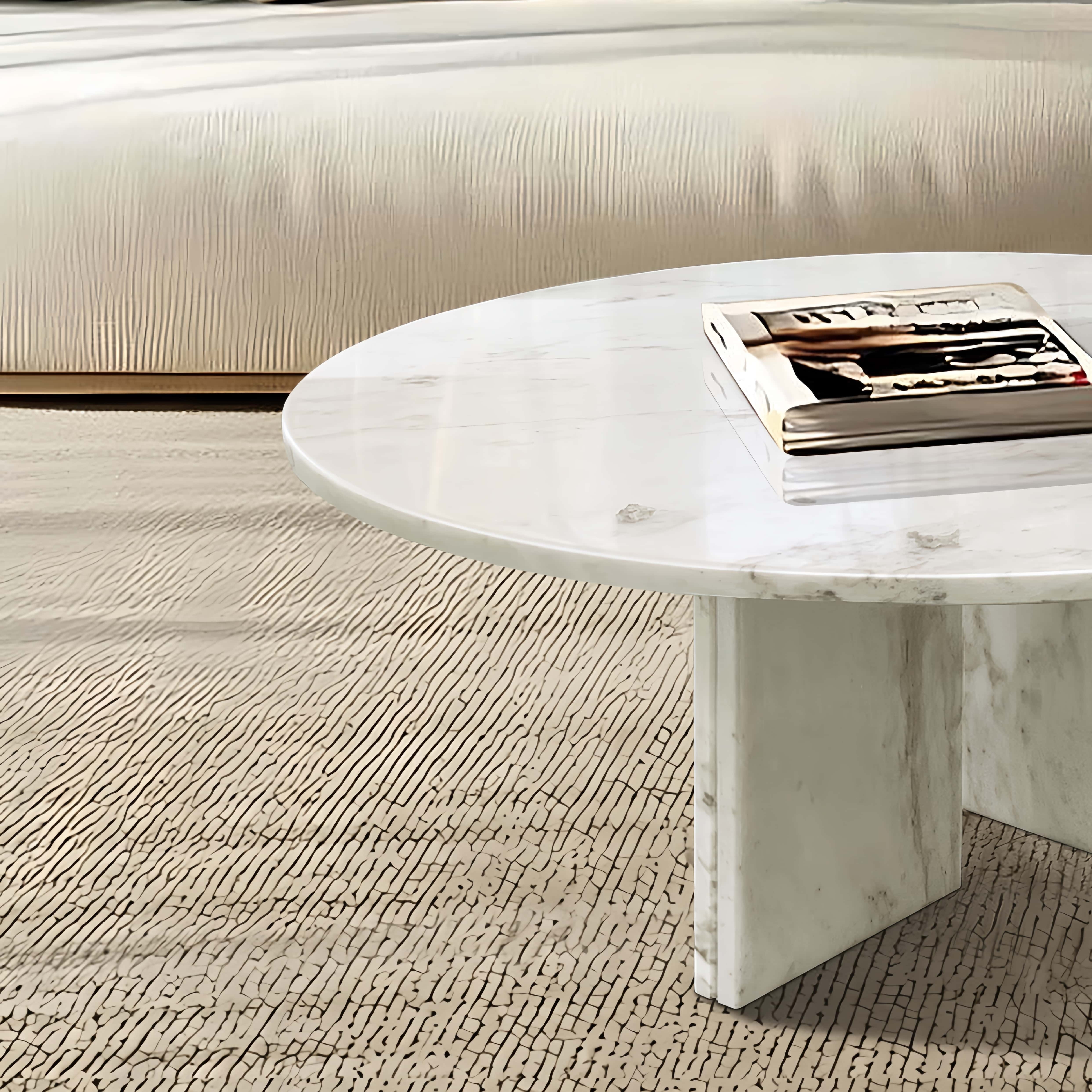 Close-up of the semi-polished Snow Mountain White marble tabletop, highlighting the 100% natural and unique stone texture.