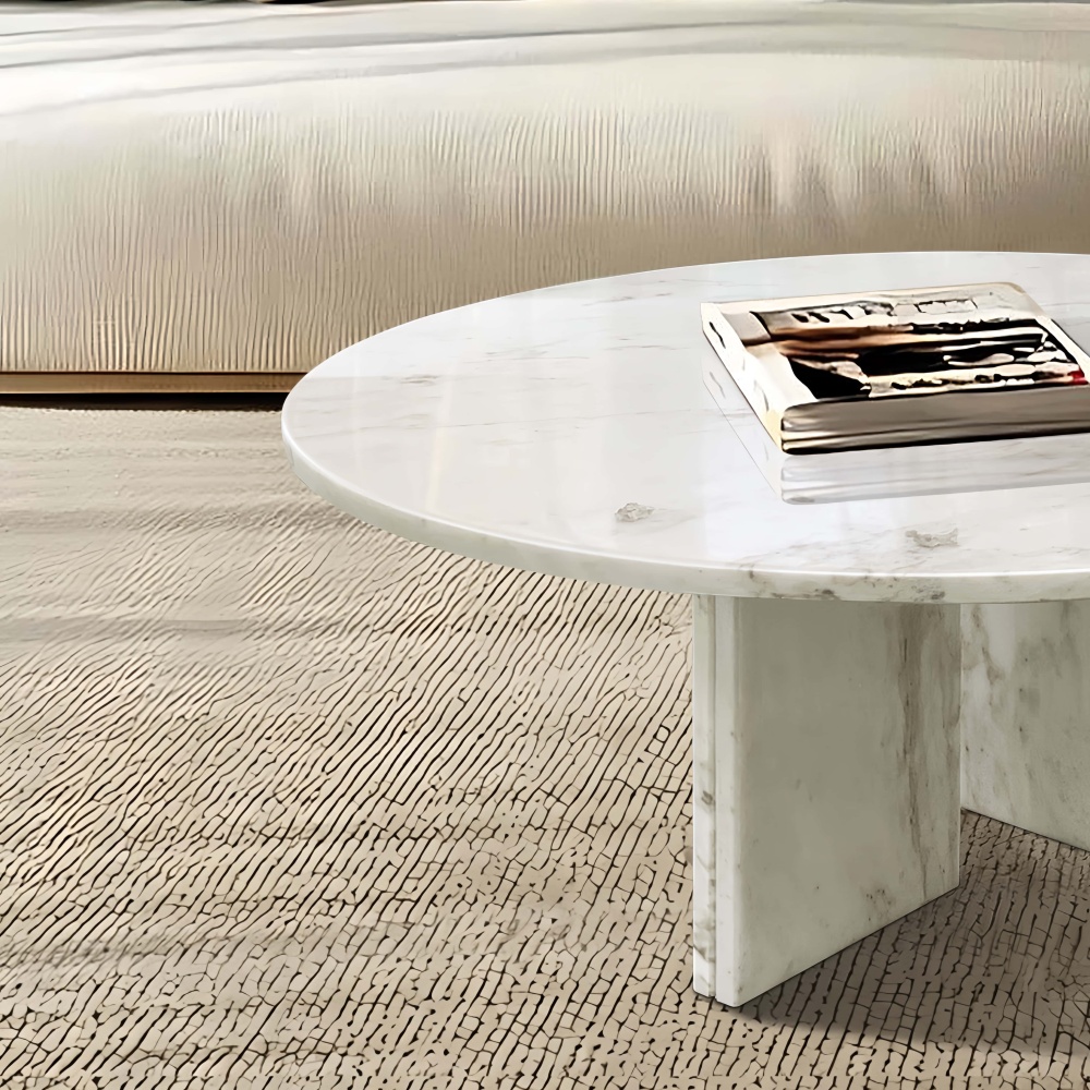 Close-up of the semi-polished Snow Mountain White marble tabletop, highlighting the 100% natural and unique stone texture.