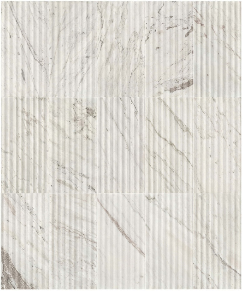 Vertical layout rendering of Snow Mountain White fluted marble tiles for seamless interior wall decoration.