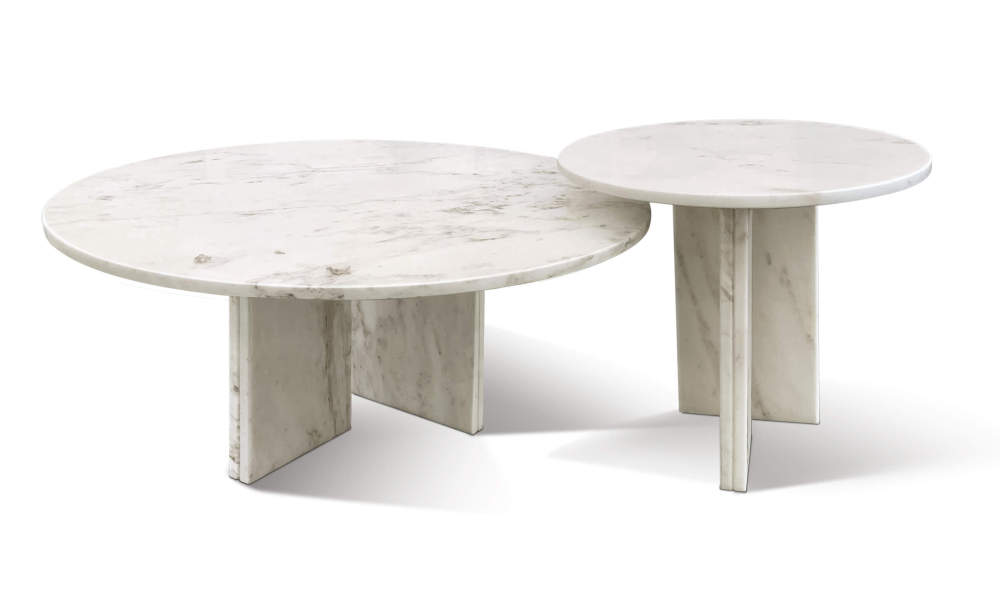 Front view of the Snow Mountain White natural marble nesting coffee table set featuring two round, semi-polished tables.