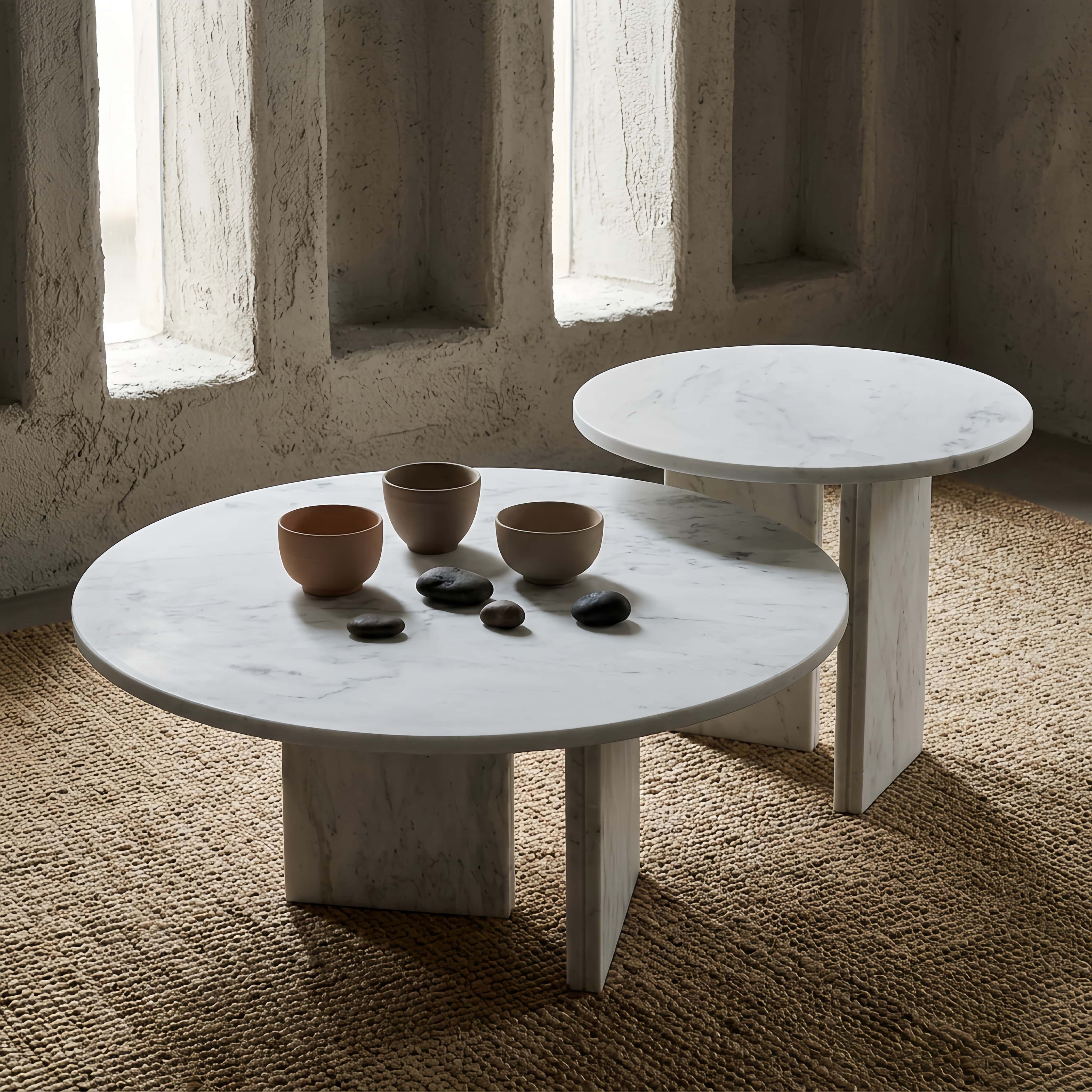 100% natural stone nesting coffee tables complementing a wabi-sabi interior design, featuring unique marble veining against a textured wall.