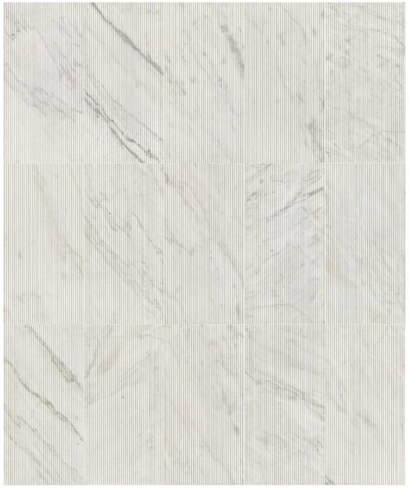 Design inspiration using Snow Mountain White ribbed marble tiles for luxury residential and commercial wall cladding.