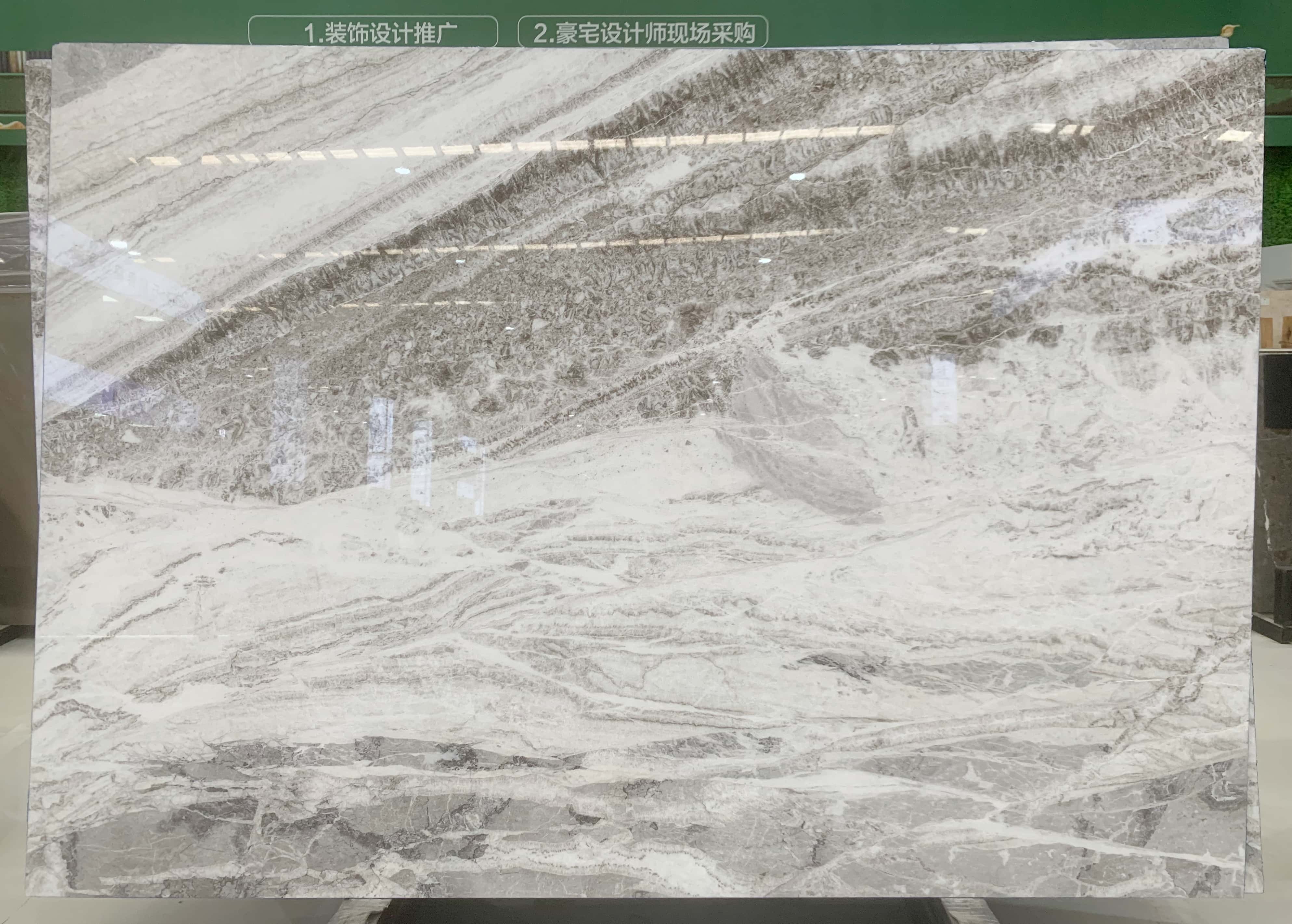 Full premium slab of Raymond marble showing dynamic grey veins direct from our exclusive natural stone quarry.