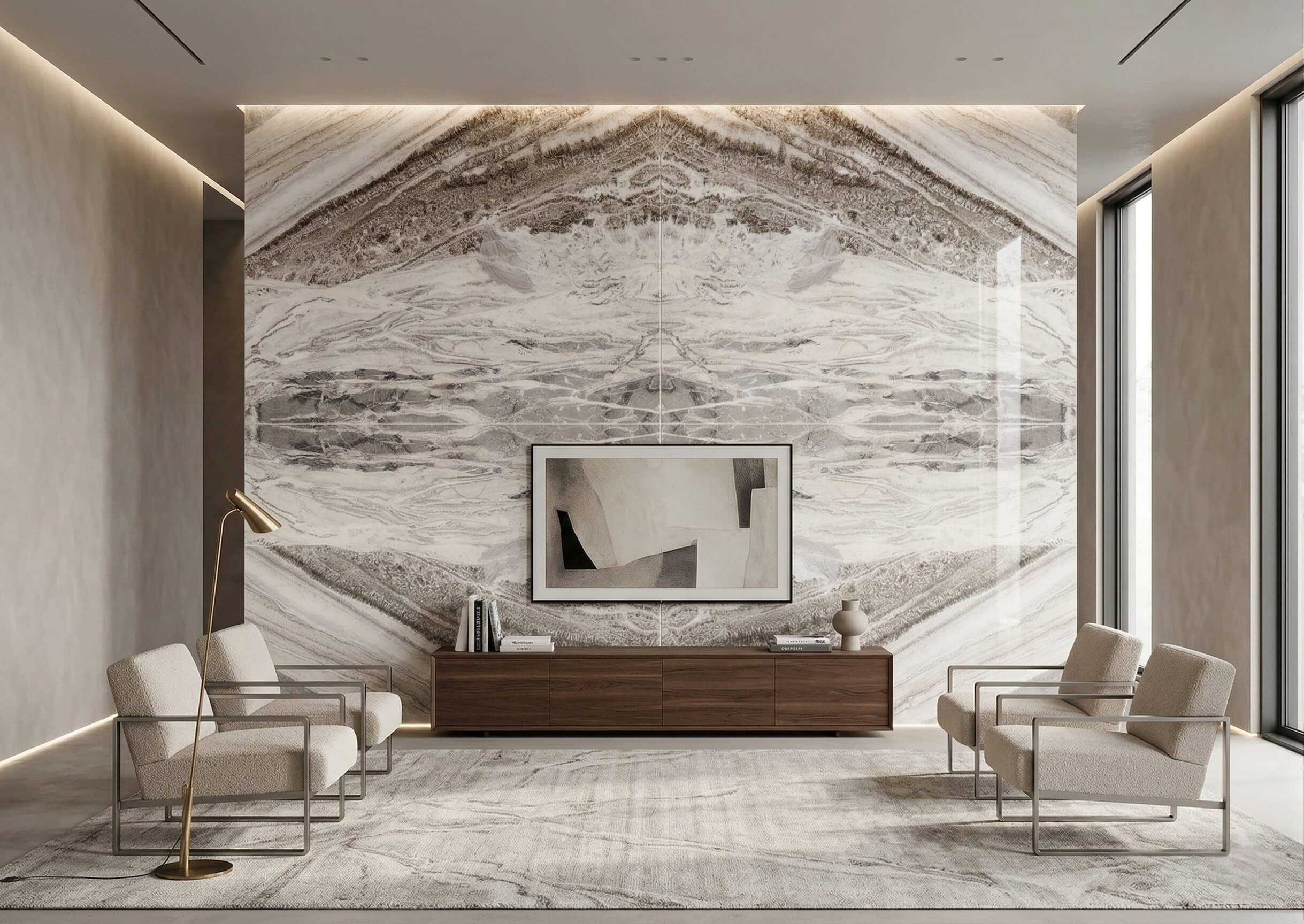 Stunning diamond bookmatched pattern using Raymond marble slabs for a luxury modern living room accent wall.
