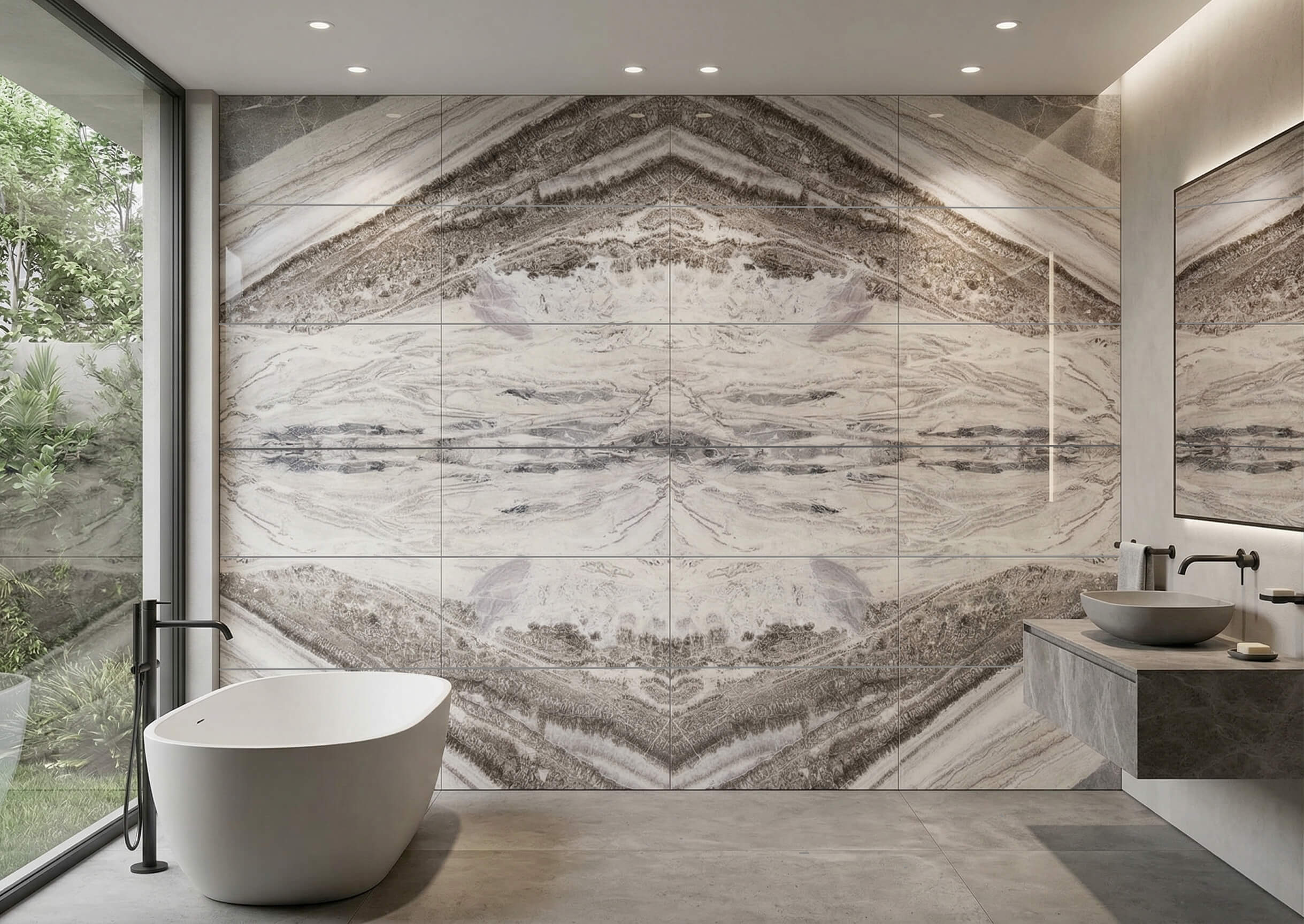 Sophisticated luxury bathroom design featuring large format bookmatched Raymond marble tiles surrounding a freestanding tub.