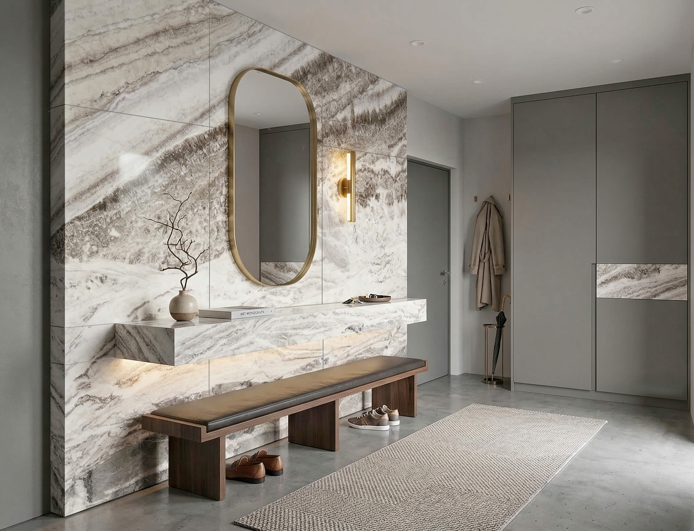 Bespoke floating console with a bookmatched Raymond marble backdrop in an upscale entryway.