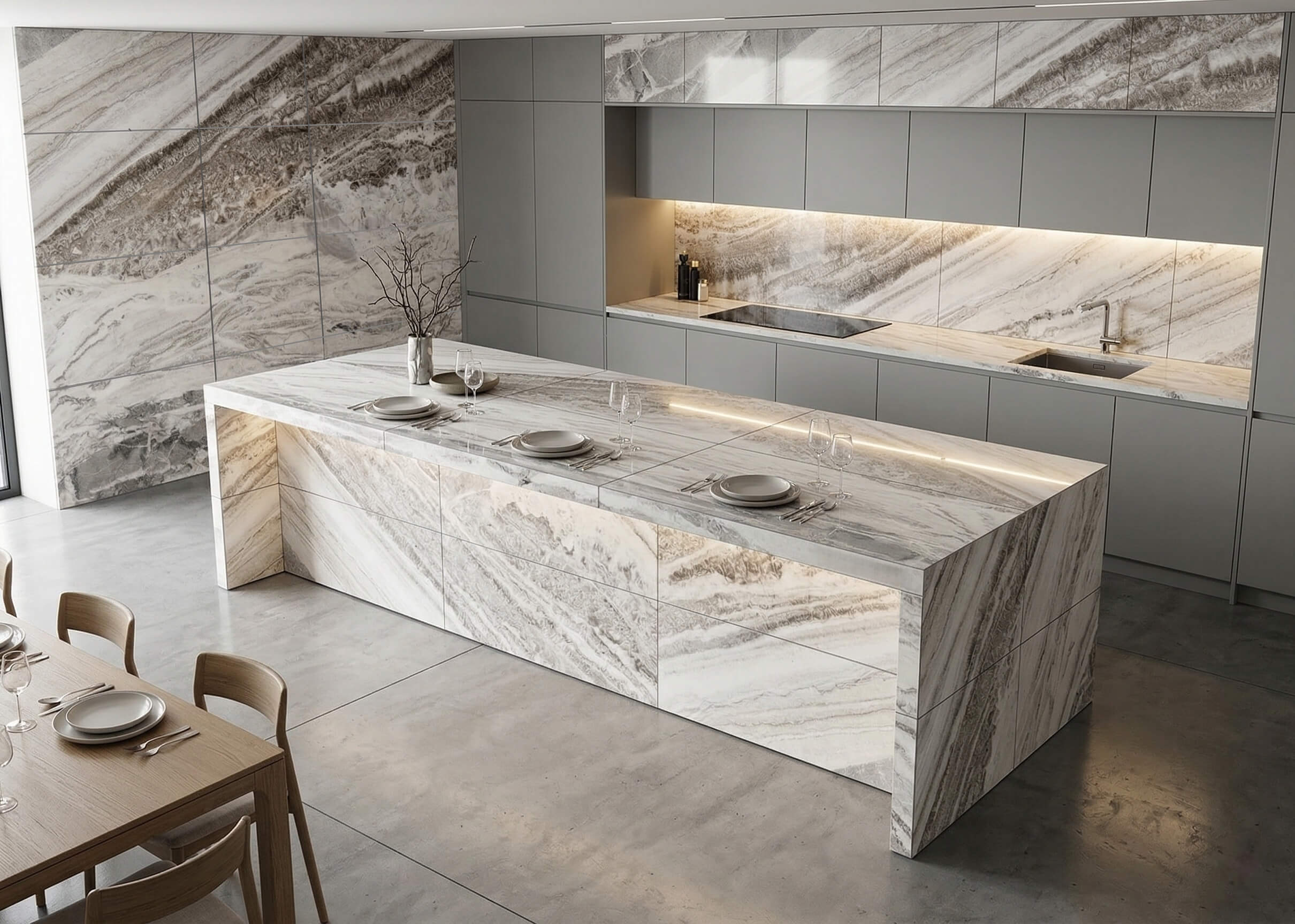 Oversized custom Raymond marble kitchen island showcasing seamless waterfall edge fabrication and bold continuous veining.