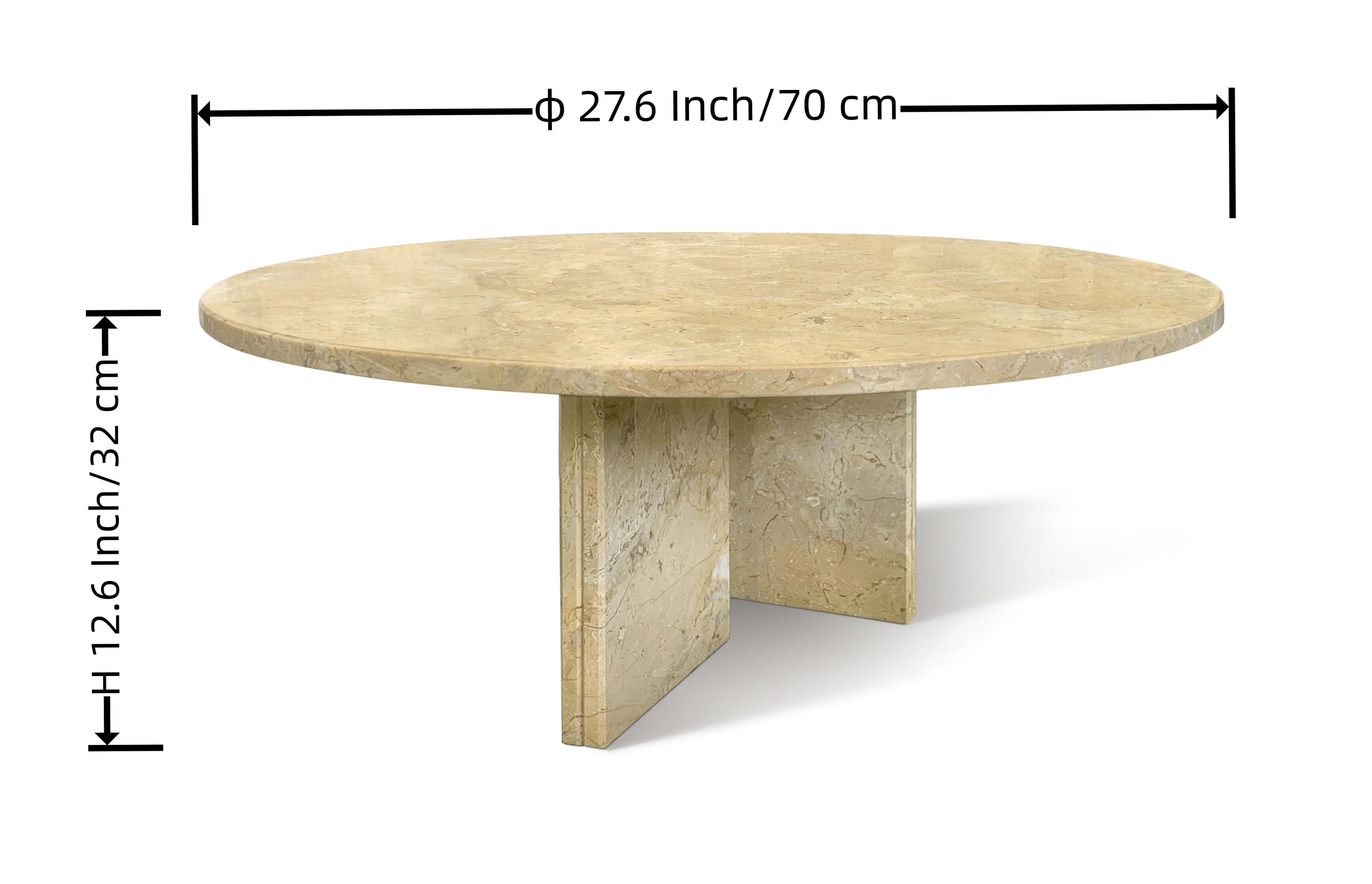 Exact dimensions of the modern round marble coffee table, showing a 27.6 inch diameter and 12.6 inch height, perfect for versatile living spaces.