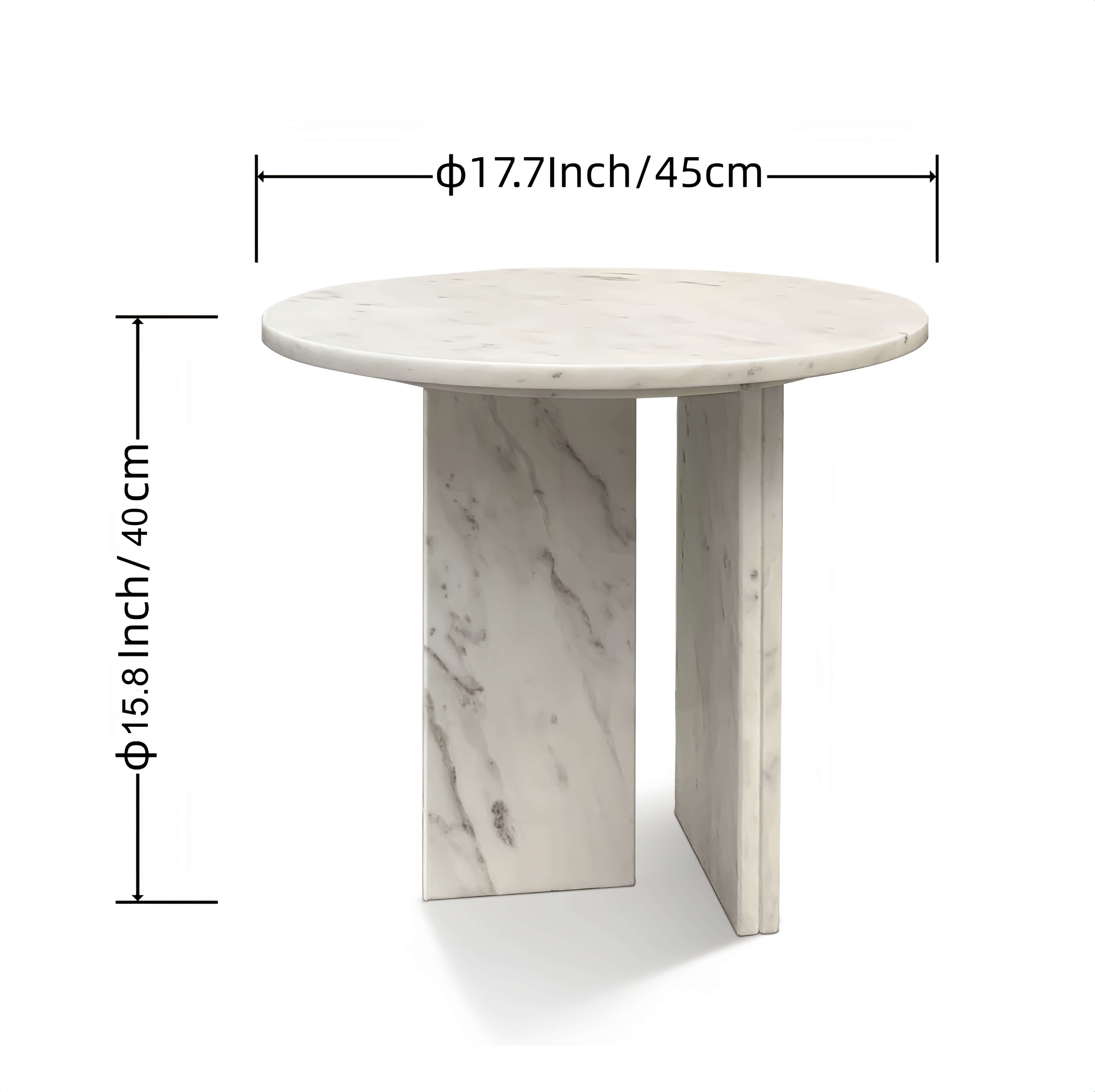Detailed dimensions diagram of the 45cm or 17.7 inch diameter white marble coffee table, highlighting its perfectly proportioned 40cm height.