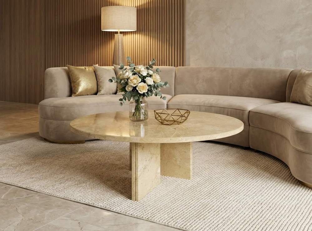 Warm and contemporary living space with a beige natural marble center table paired with a curved sofa, emphasizing its versatile and timeless aesthetic.