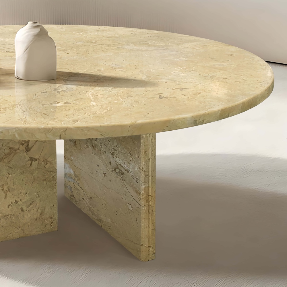 Close-up of the genuine gold beige marble tabletop, displaying the 100% natural, exclusive stone veining where each piece is completely unique.