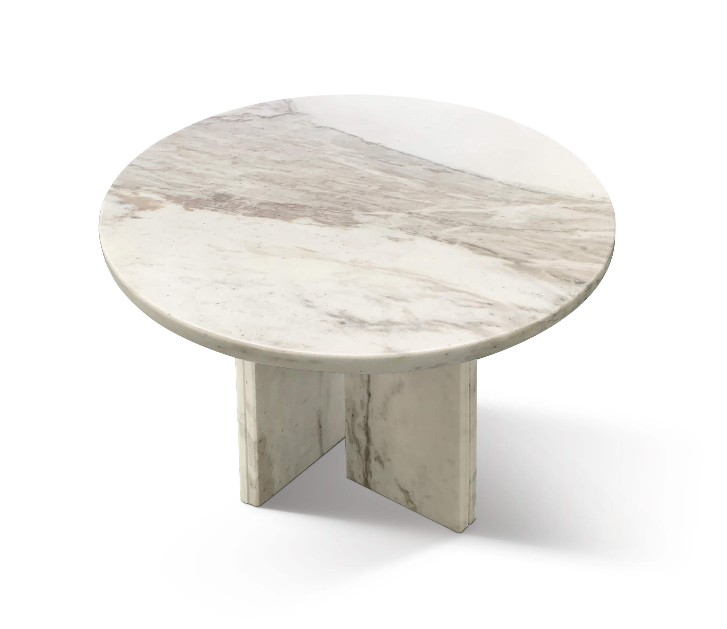 Top angle view of genuine white marble round side table showcasing the unique semi-polished surface and beautiful natural stone patterns.