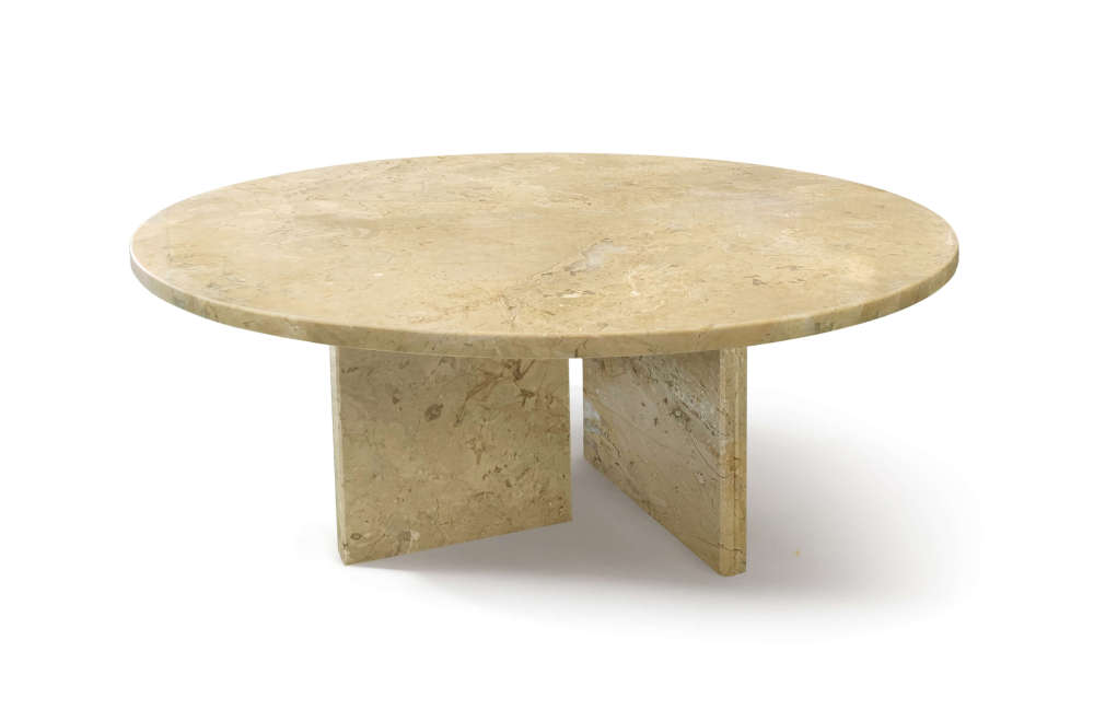 Front view of the luxury gold beige natural marble round coffee table, featuring a unique cross-base design and 100% genuine stone texture.