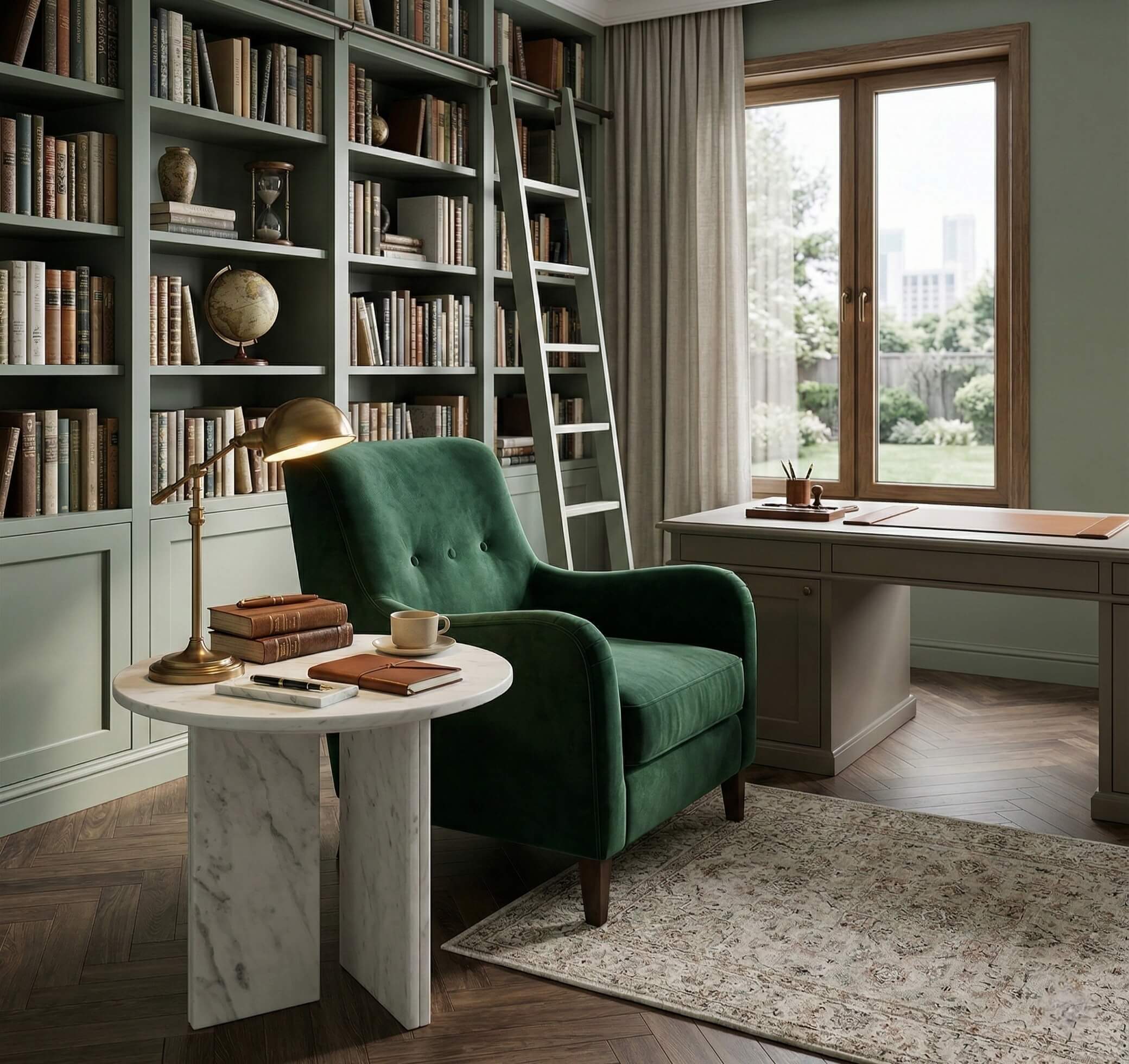 Luxury snow mountain white marble end table placed in a classic home office reading nook beside a green velvet chair, featuring unique natural veining.