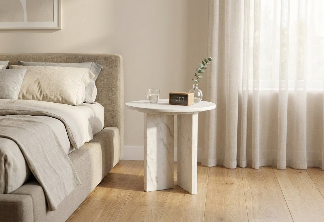 Versatile snow mountain white marble table beautifully utilized as an elegant minimalist bedside nightstand in a bright, modern bedroom.
