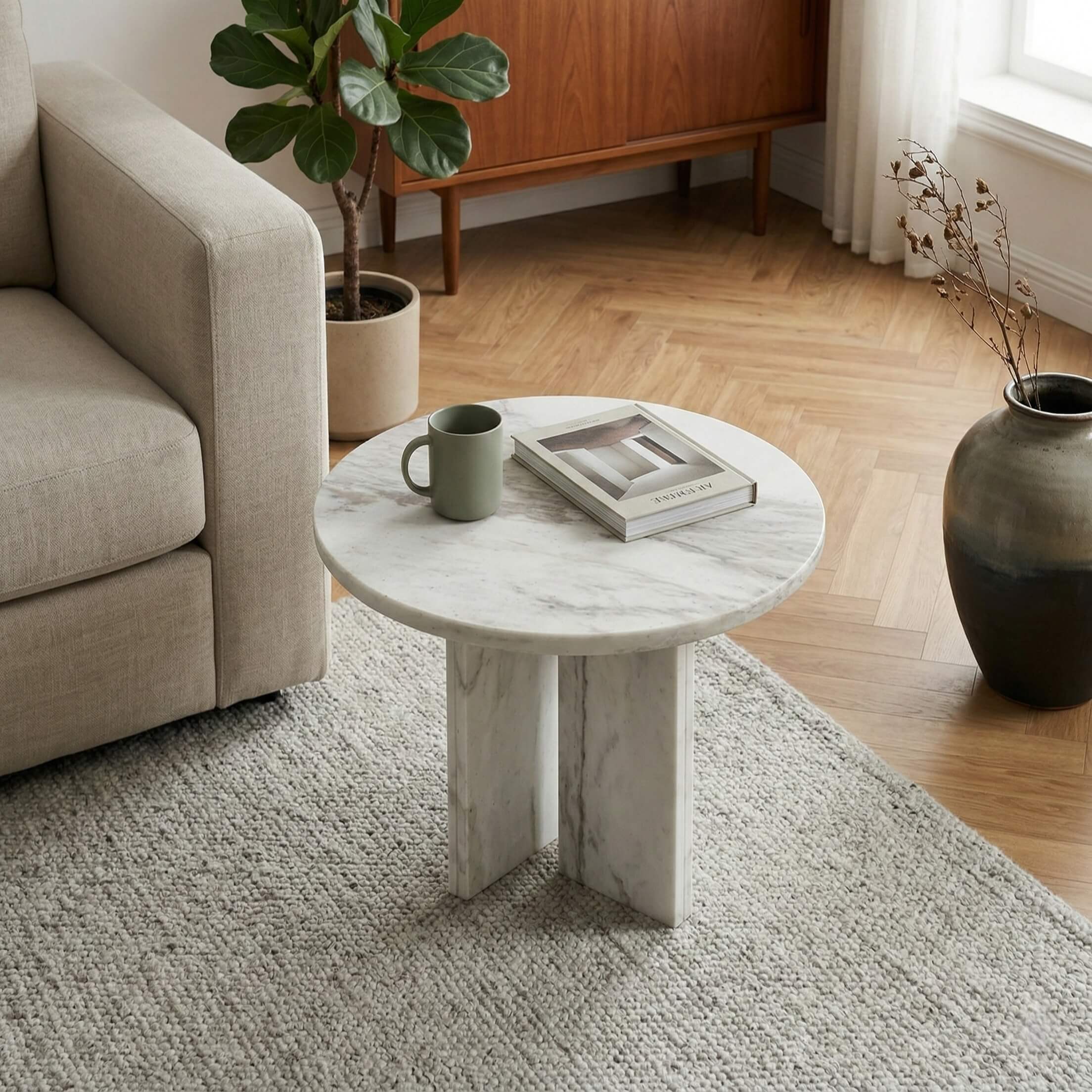 Modern white marble round side table styled next to a beige sofa, a perfect 100% natural stone accent for contemporary living rooms. In stock at our US warehouse.