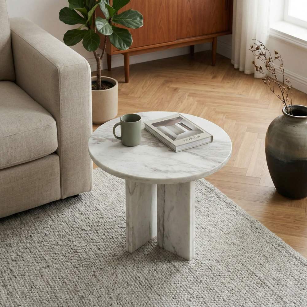 Modern white marble round side table styled next to a beige sofa, a perfect 100% natural stone accent for contemporary living rooms. In stock at our US warehouse.