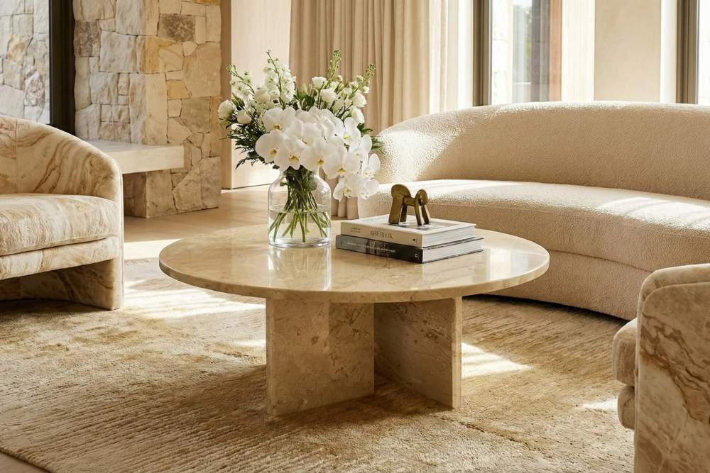 Modern organic living room decor featuring the round gold marble coffee table, showcasing its genuine stone veins in natural sunlight.