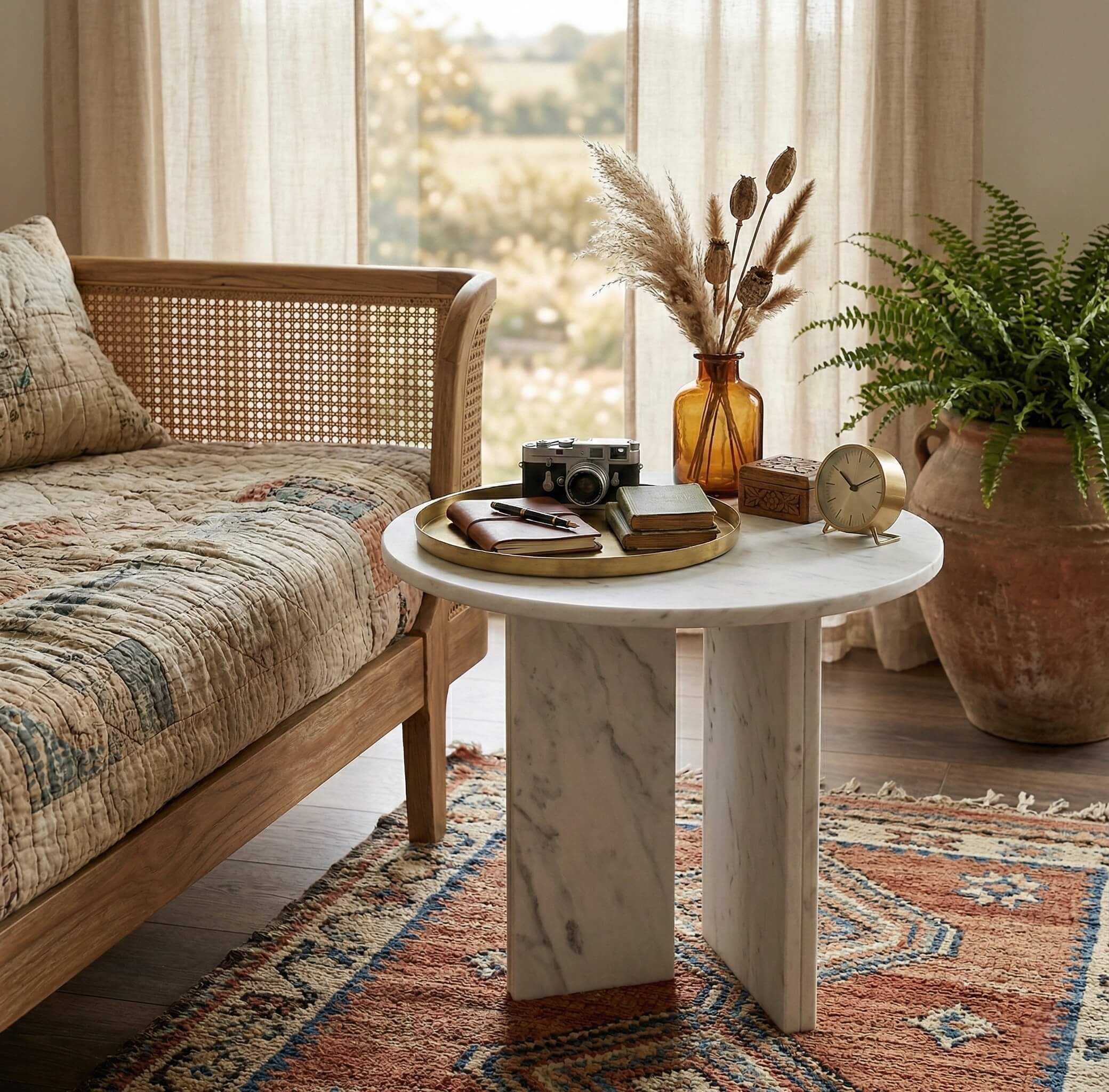 Round natural marble coffee table with a sturdy cross-base, seamlessly blending into a boho-chic living space. Easy to assemble and exquisitely crafted.