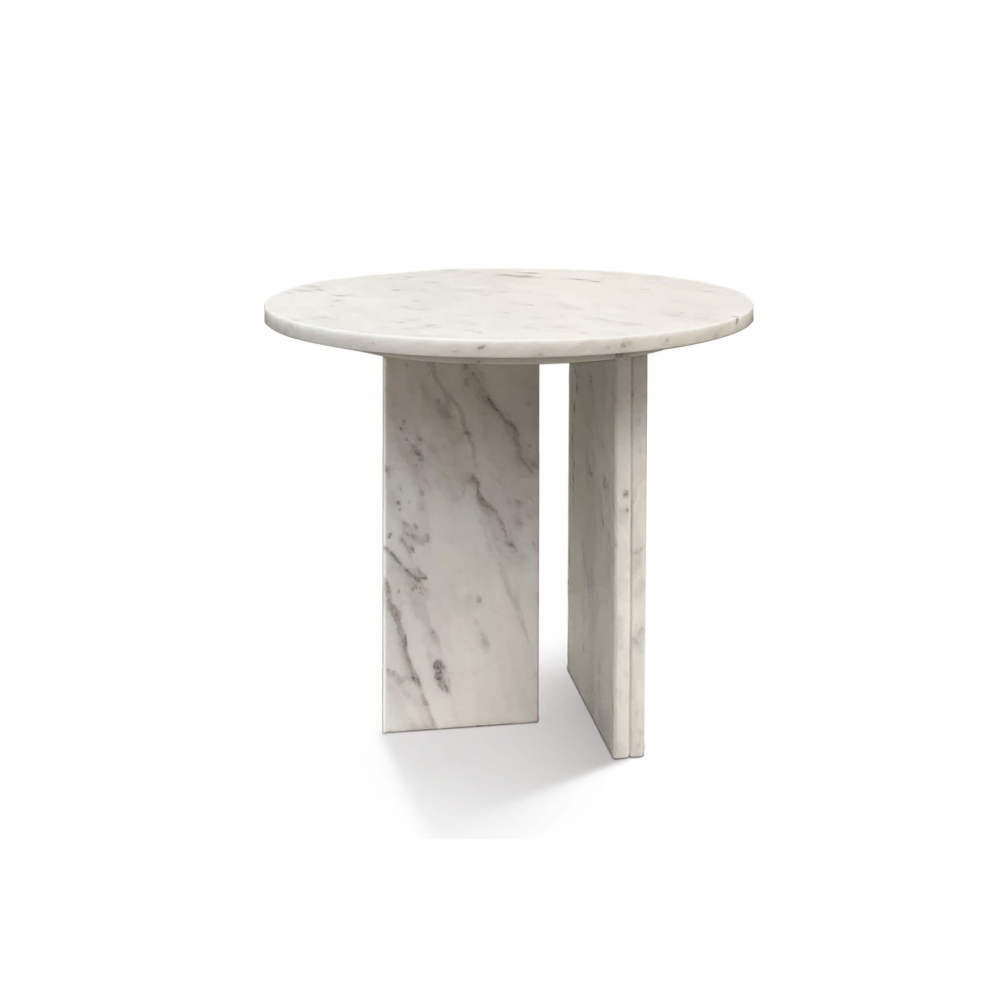Angle view of a luxury round snow mountain white marble coffee table with unique natural veining, a perfect minimalist centerpiece.