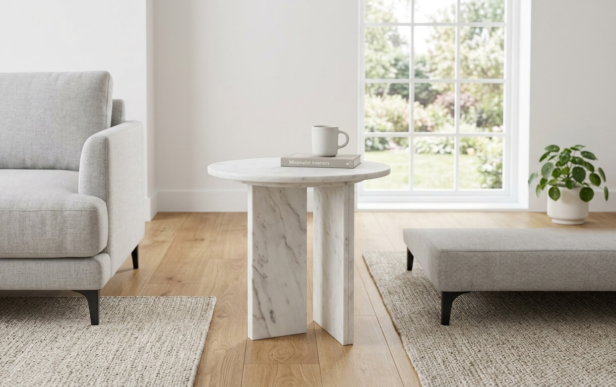 Scandinavian style minimalist white marble side table with a semi-polished surface, enhancing a clean living room space with its 100% exclusive natural stone beauty.