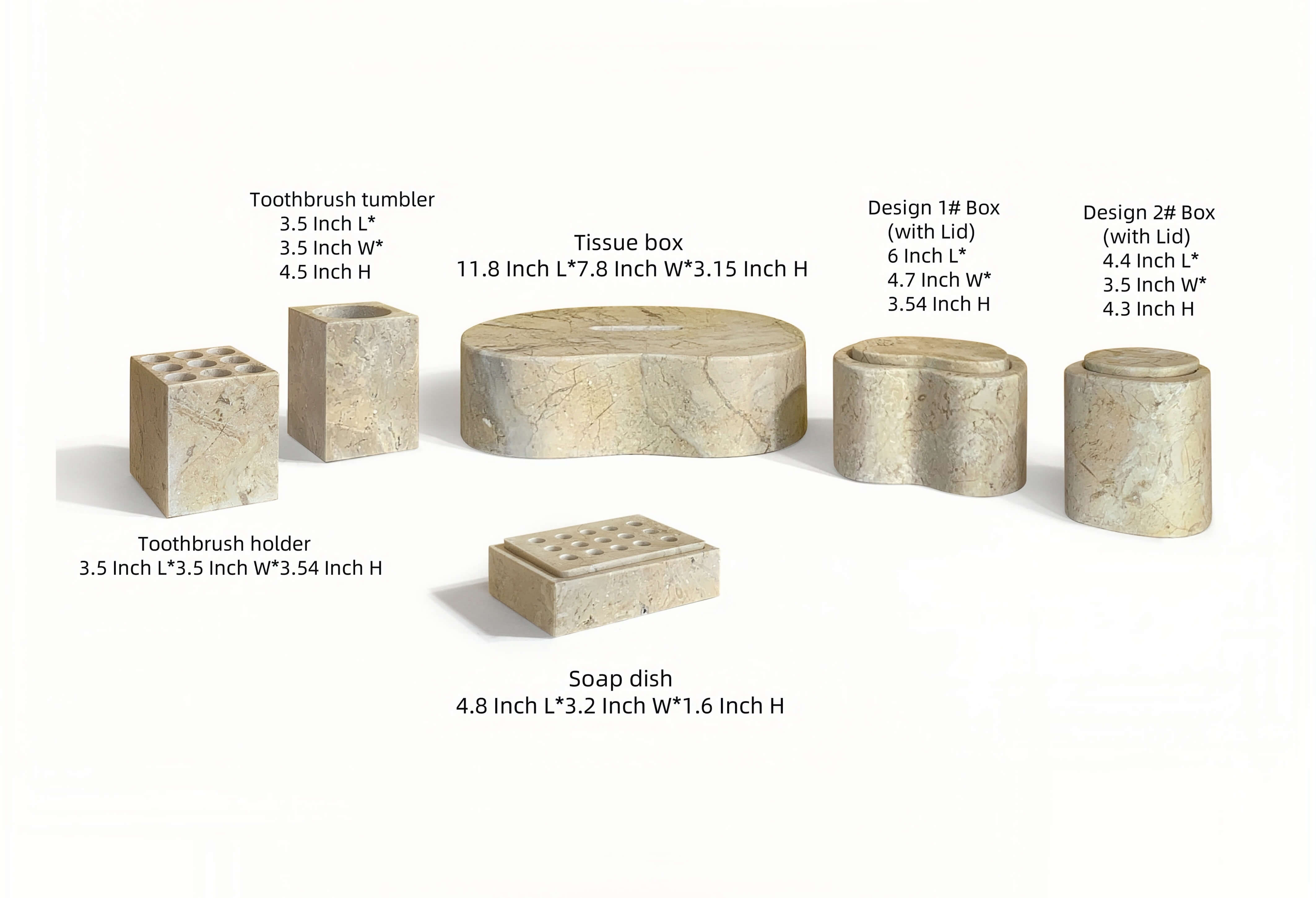 Detailed dimension guide for the Hyatt Gold 6-piece natural marble bathroom vanity set. Includes exact sizes for the tissue box, soap dish, toothbrush holders, and decorative lidded boxes.
