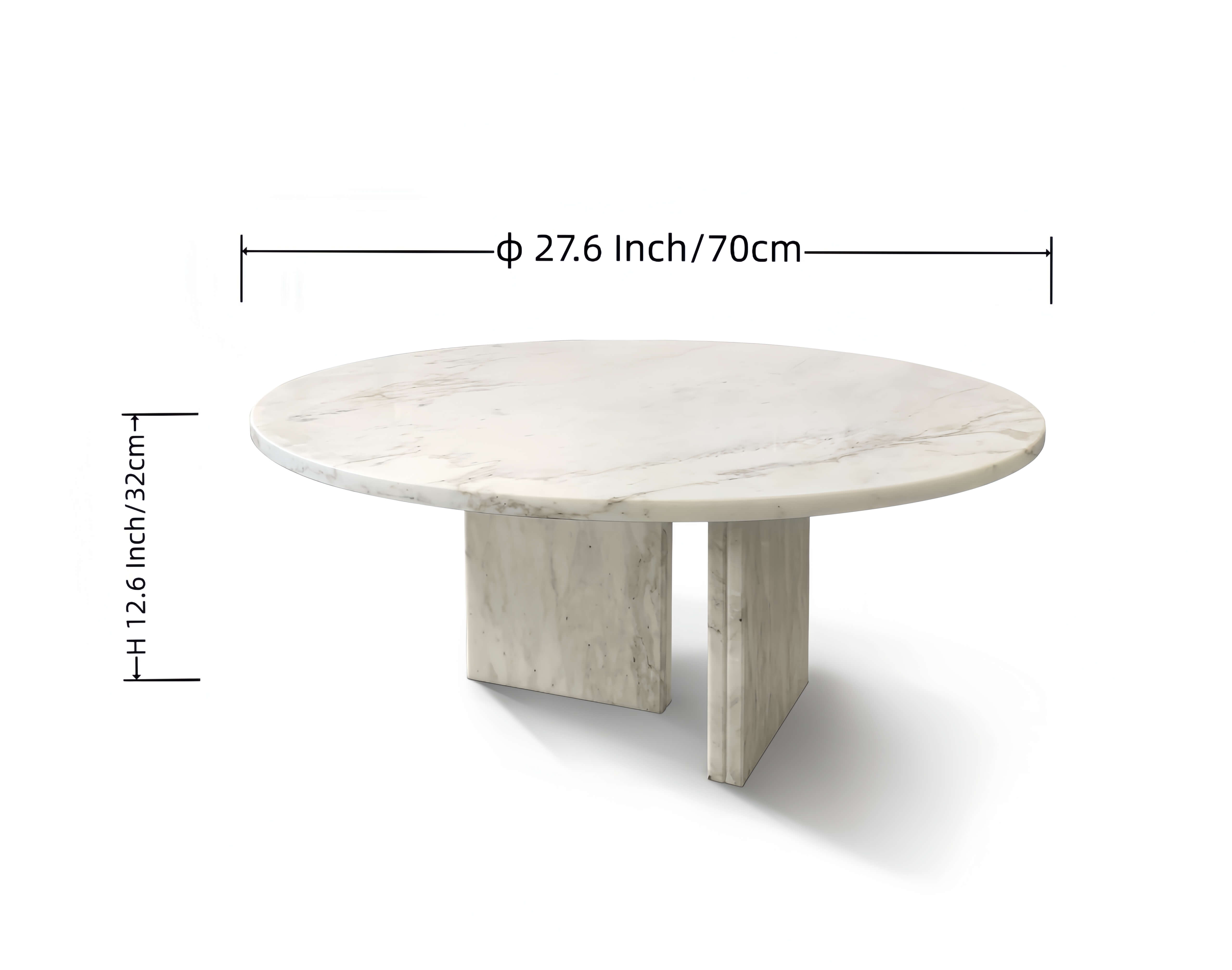 Exact dimensions of the Snow Mountain White Marble Coffee Table: 27.6 inches (70 cm) in diameter and 12.6 inches (32 cm) in height. Perfectly sized for modern living room spaces.