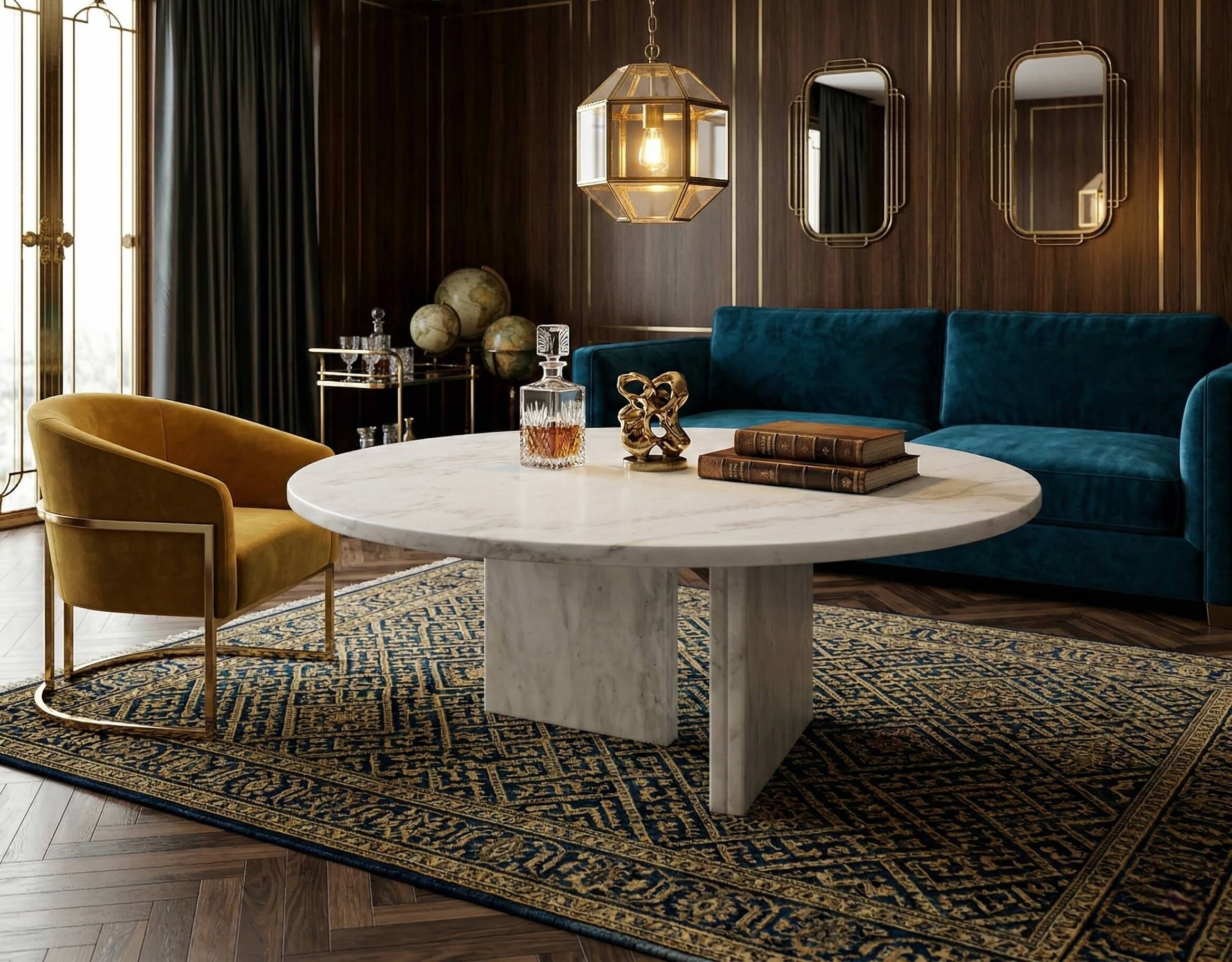 Elegant Snow Mountain White marble coffee table serving as a striking focal point in a dark luxury interior design. US warehouse in stock ensuring fast and free shipping.