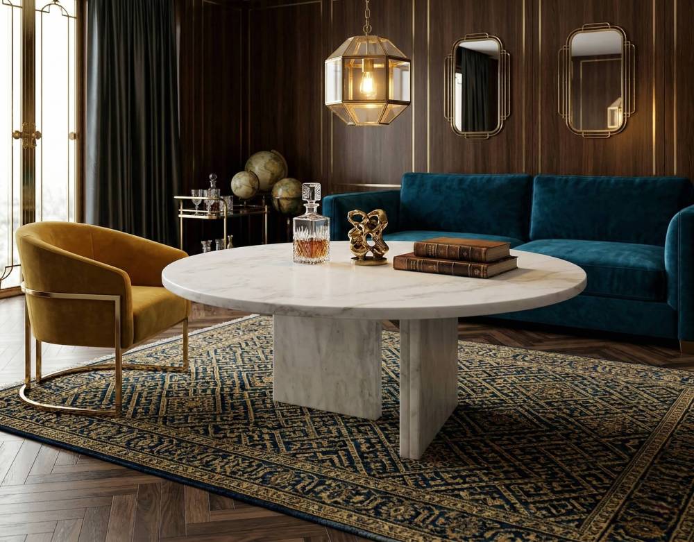 Elegant Snow Mountain White marble coffee table serving as a striking focal point in a dark luxury interior design. US warehouse in stock ensuring fast and free shipping.