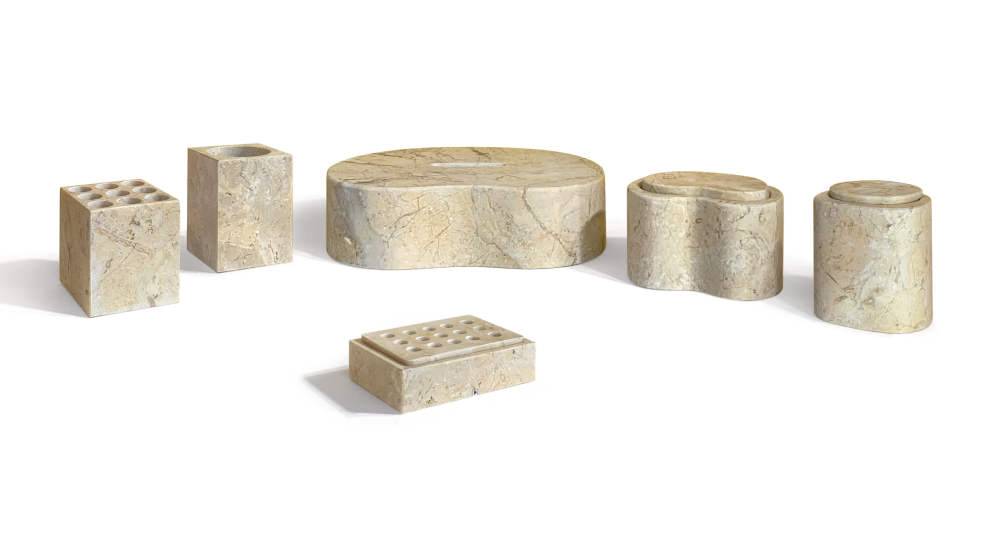 100% natural Hyatt Gold marble 6-piece bathroom vanity set on a white background, featuring exclusive beige and yellow veining. Includes tissue box, soap dish, and holders.