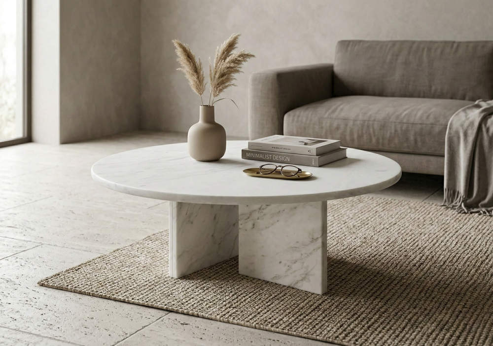 Snow Mountain White marble center table perfectly styled in a Japandi aesthetic living room. An easy-to-assemble luxury furniture piece that brings natural elegance to any home.