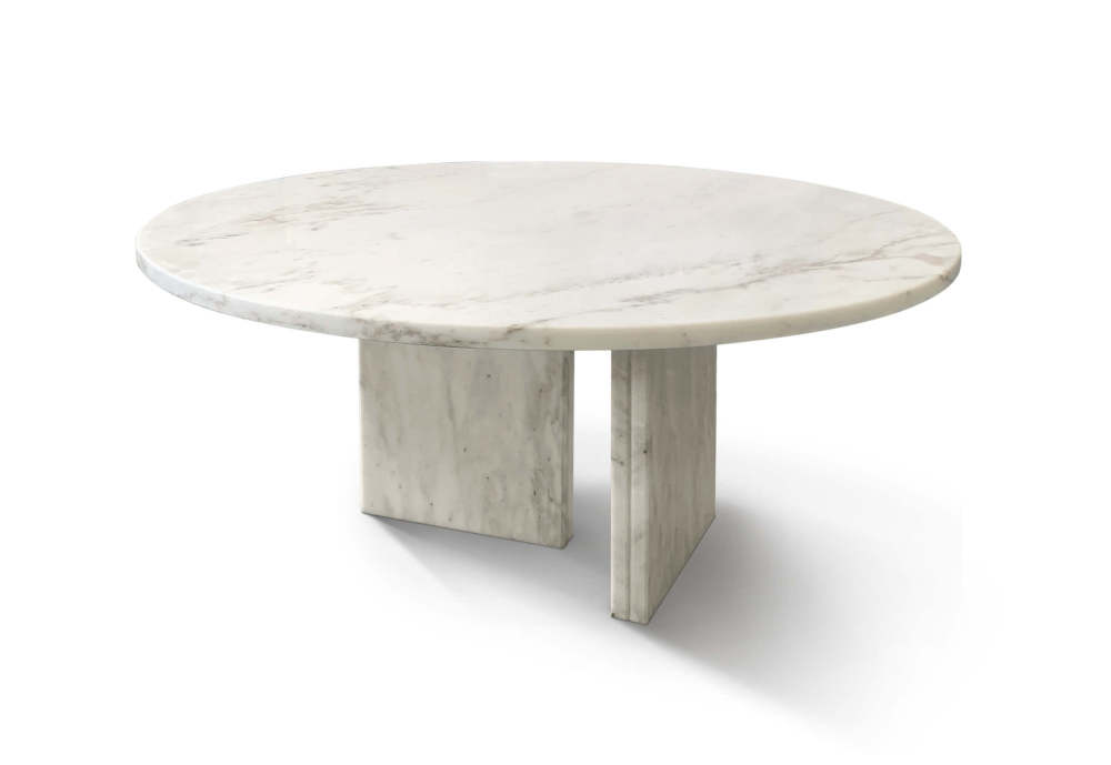 Angled view of the Luxury Snow Mountain White Natural Marble Semi-polished Coffee Table, featuring a 27.6-inch round top and geometric base. 100% natural exclusive stone with unique veining.