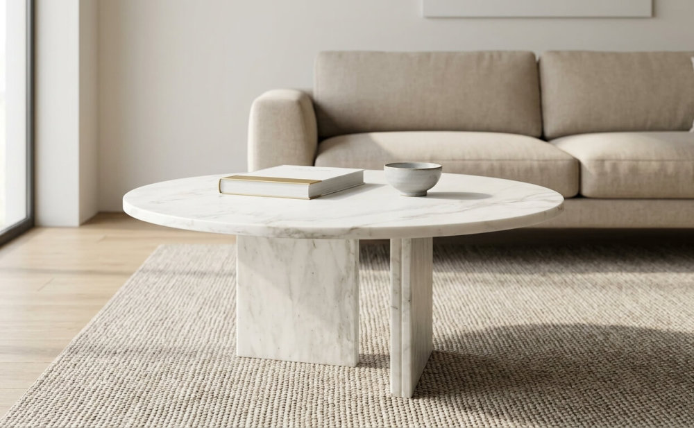 Minimalist living room featuring the 27.6-inch Snow Mountain White natural marble coffee table. A perfect modern centerpiece with unique stone veining, shipped free from our US warehouse.