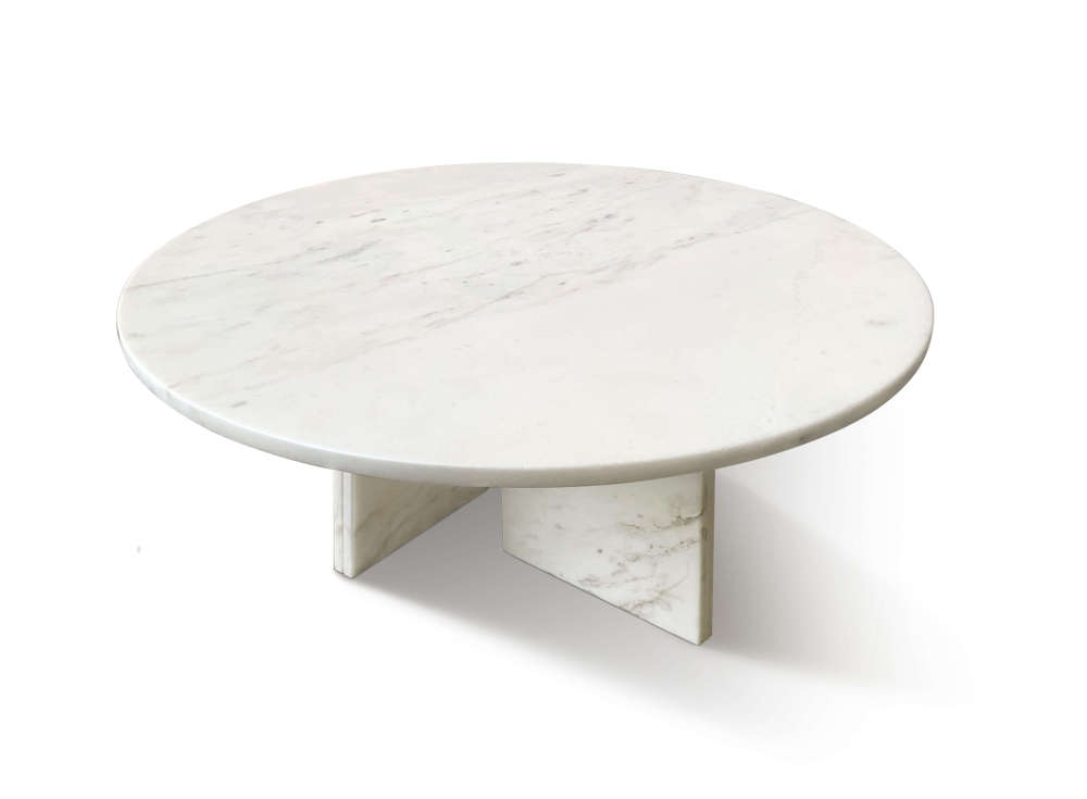 Front high-angle view of the round Snow Mountain White marble coffee table, showcasing the elegant semi-polished natural stone surface and minimalist luxury design.