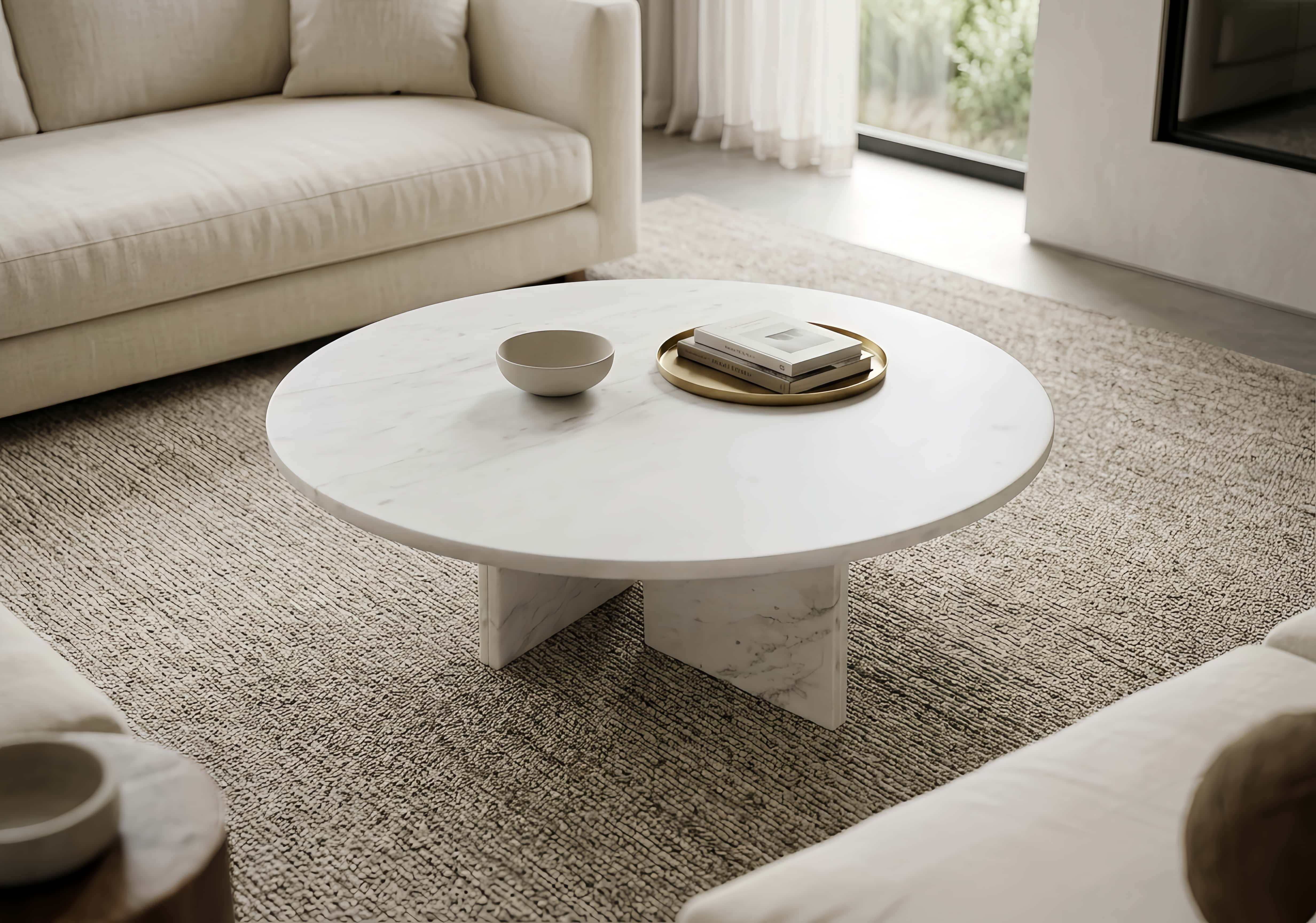 Top-down view of the 100% genuine white marble coffee table styled with books and a tray. The semi-polished surface highlights the exclusive natural stone patterns and easy-to-clean finish.